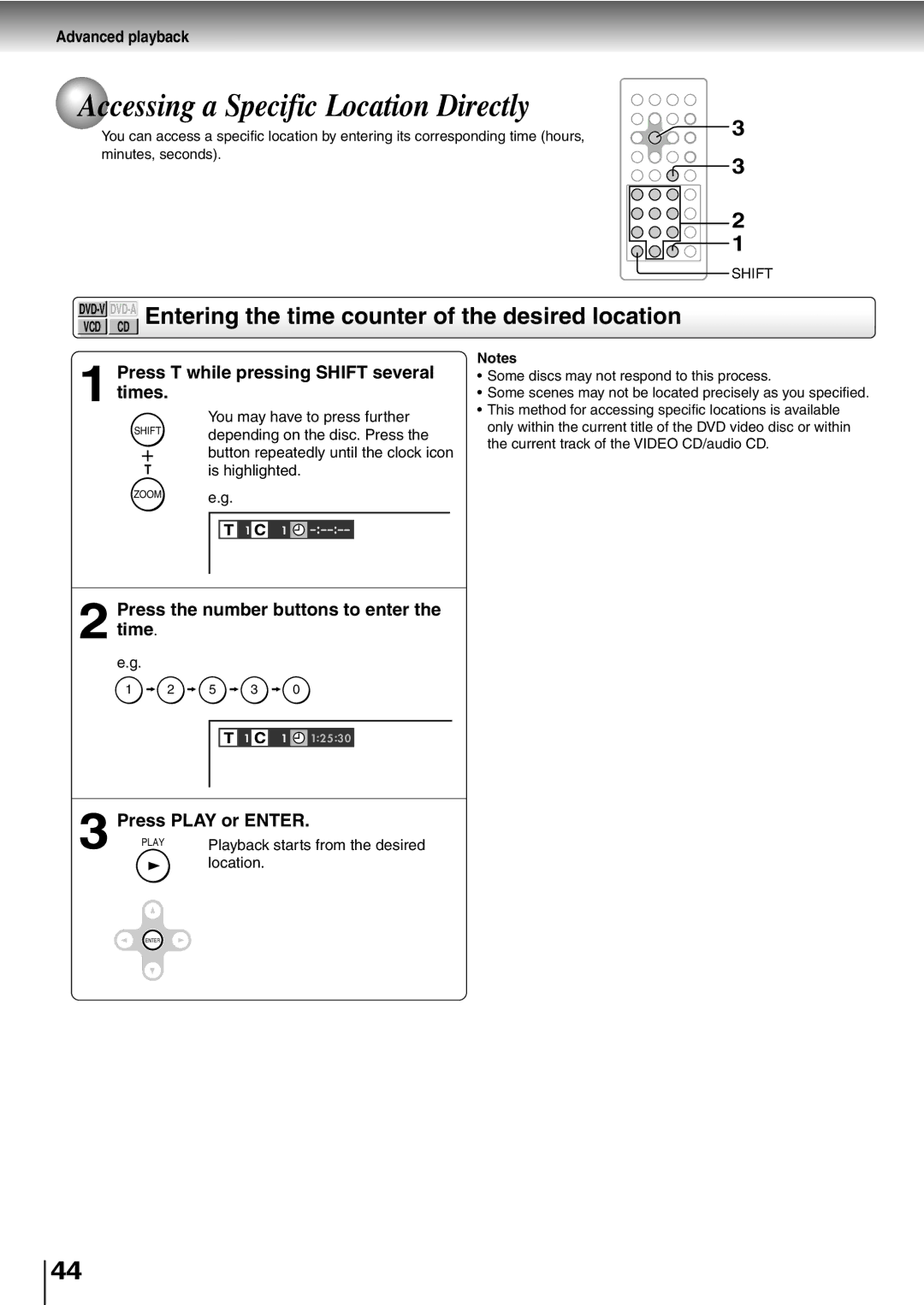 Toshiba SD-P2600 manual Accessing a Specific Location Directly, DVD-VDVD-AEntering the time counter of the desired location 