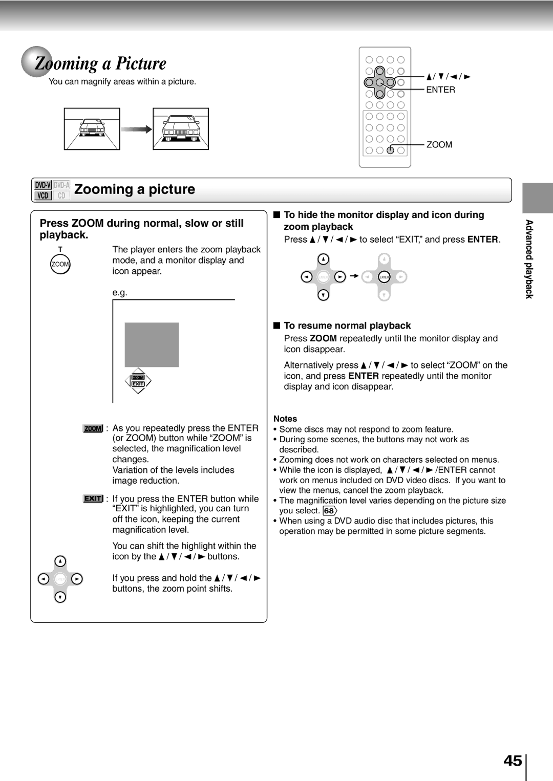 Toshiba SD-P2600 manual Zooming a Picture, DVD-VDVD-AZooming a picture, Press Zoom during normal, slow or still playback 