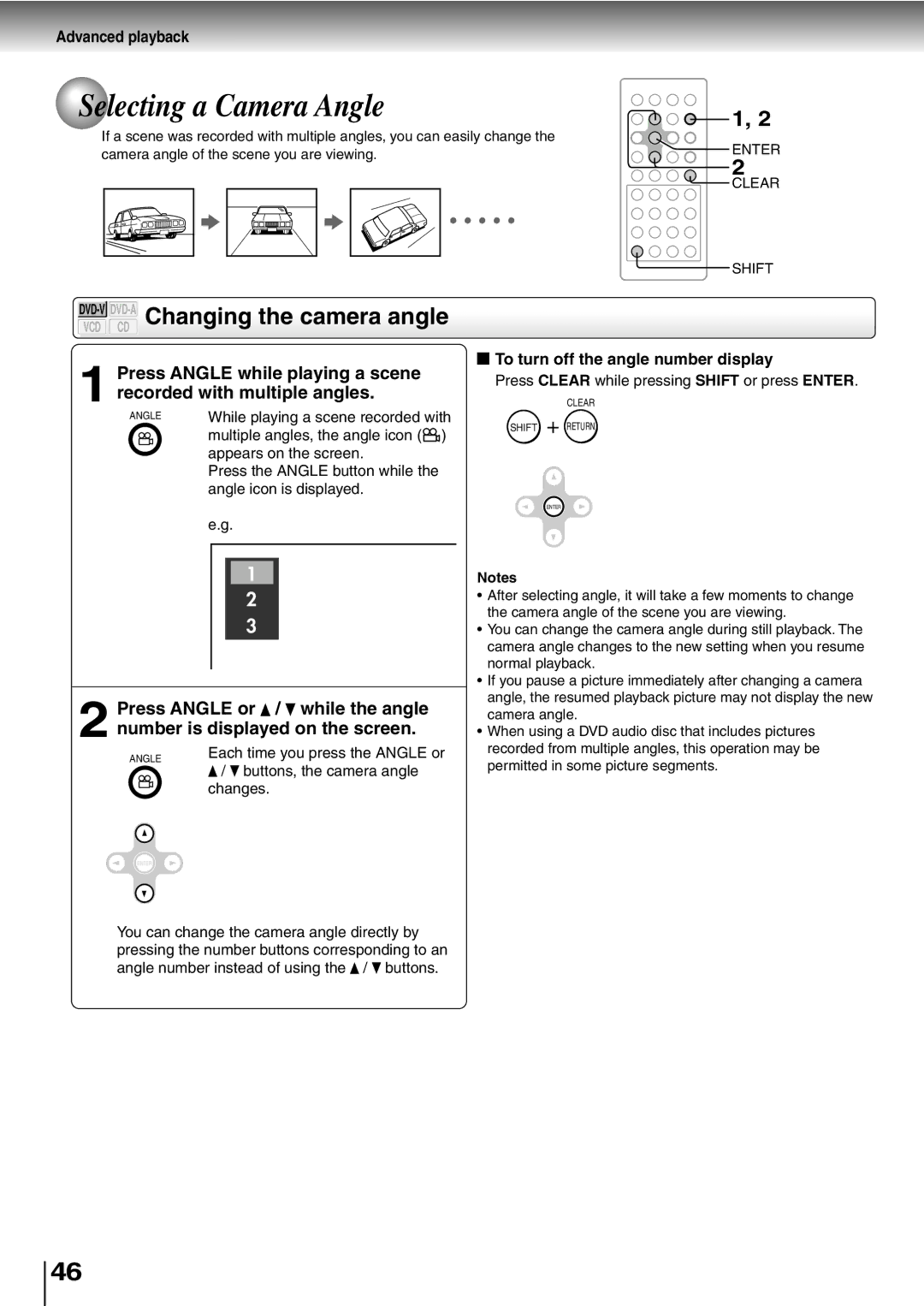 Toshiba SD-P2600 manual Selecting a Camera Angle, DVD-VDVD-AChanging the camera angle, Press Angle or / while the angle 