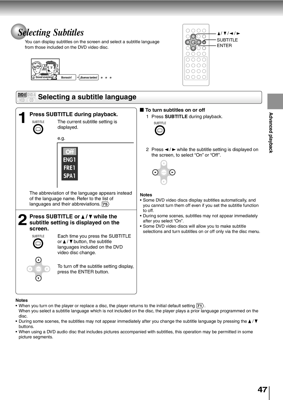 Toshiba SD-P2600 manual Selecting Subtitles, Press Subtitle during playback, Press Subtitle or / while, Screen 