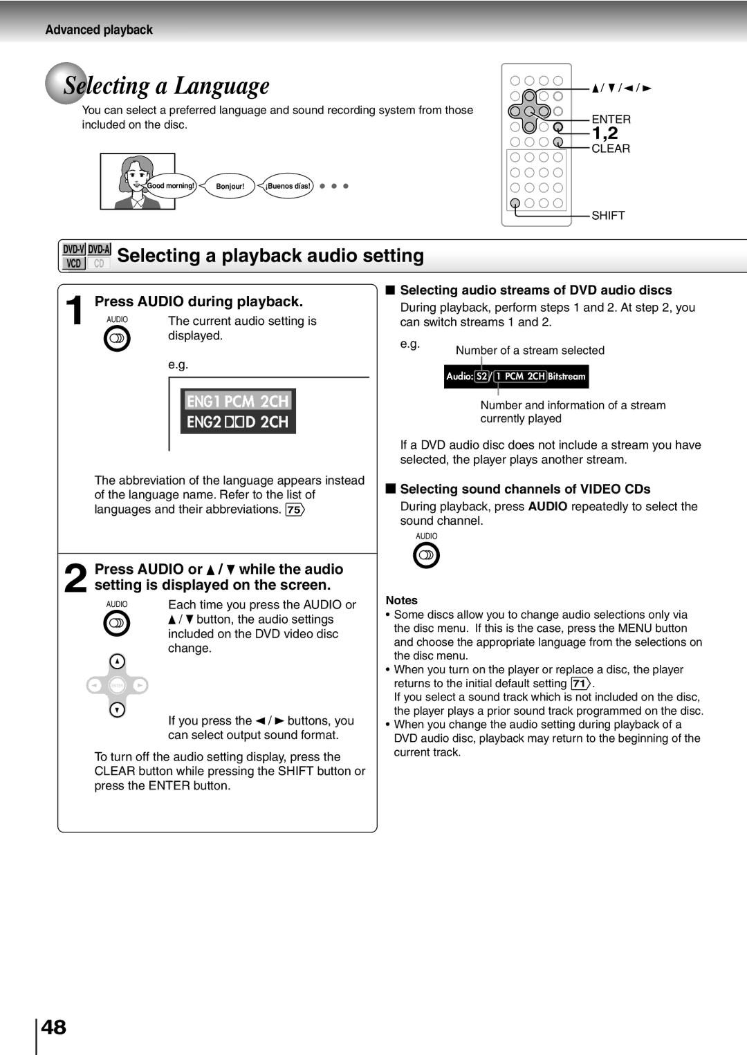 Toshiba SD-P2600 manual Selecting a Language, DVD-V DVD-A Selecting a playback audio setting, Press Audio during playback 