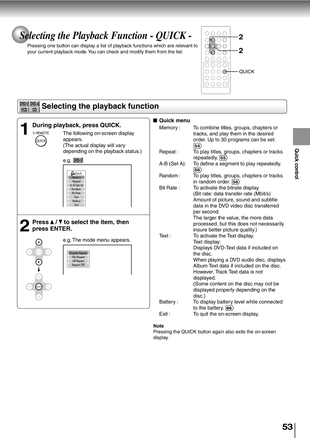 Toshiba SD-P2600 manual Selecting the Playback Function Quick, During playback, press Quick, Quick menu, Quick control 