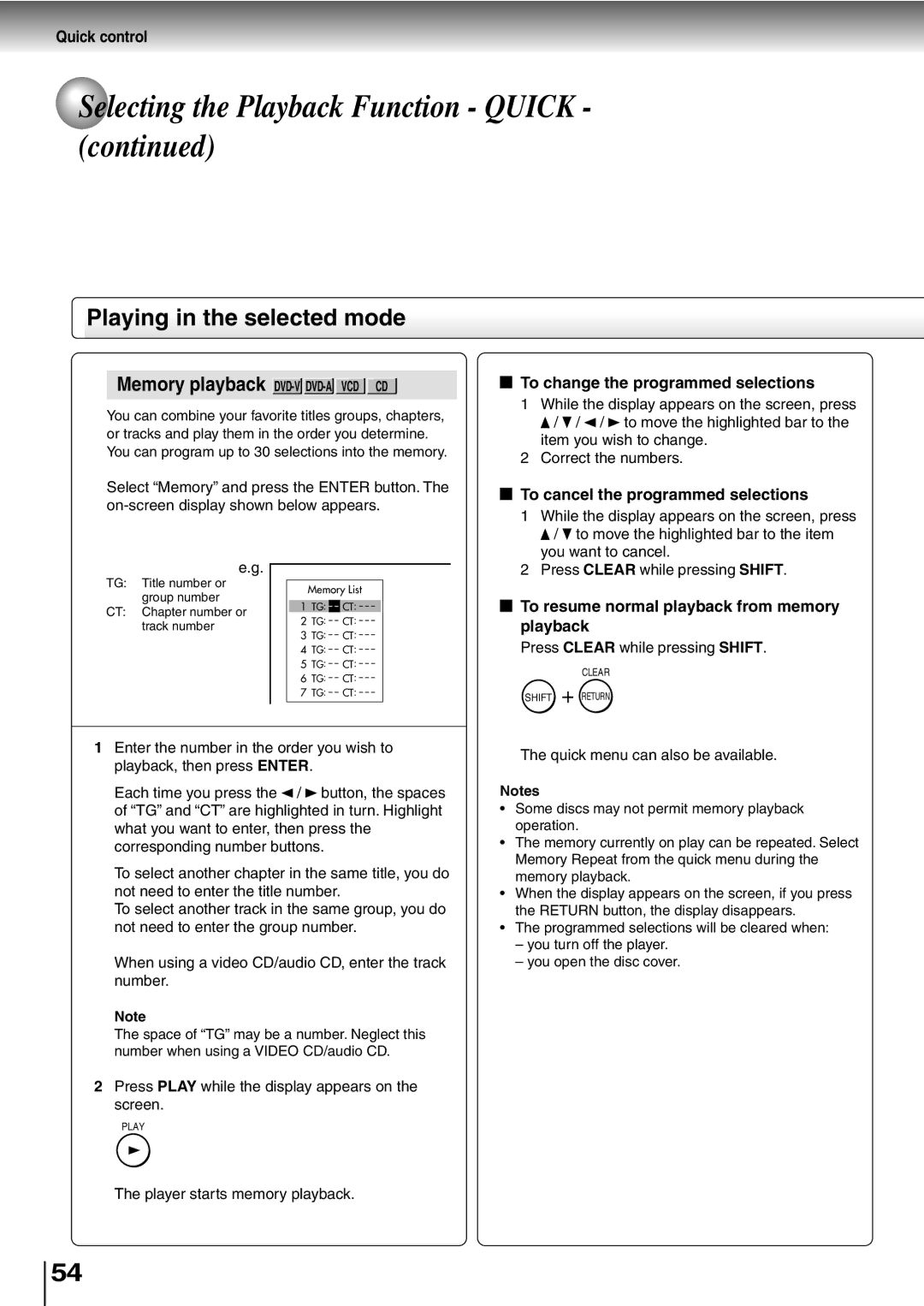 Toshiba SD-P2600 Playing in the selected mode, To change the programmed selections, To cancel the programmed selections 