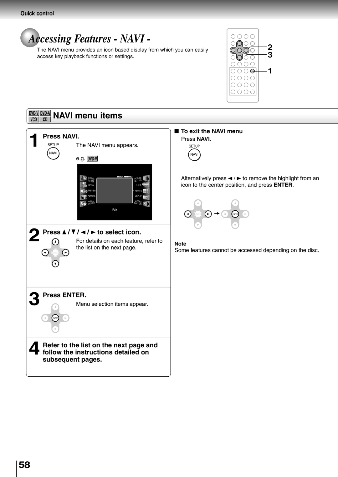 Toshiba SD-P2600 manual Accessing Features Navi, DVD-V DVD-A Navi menu items, Press Navi, Press To select icon 