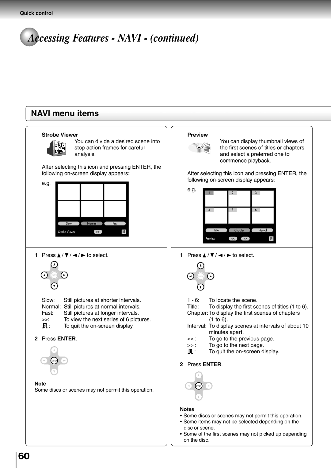 Toshiba SD-P2600 manual Navi menu items, Strobe Viewer, Press To select, Some discs or scenes may not permit this operation 