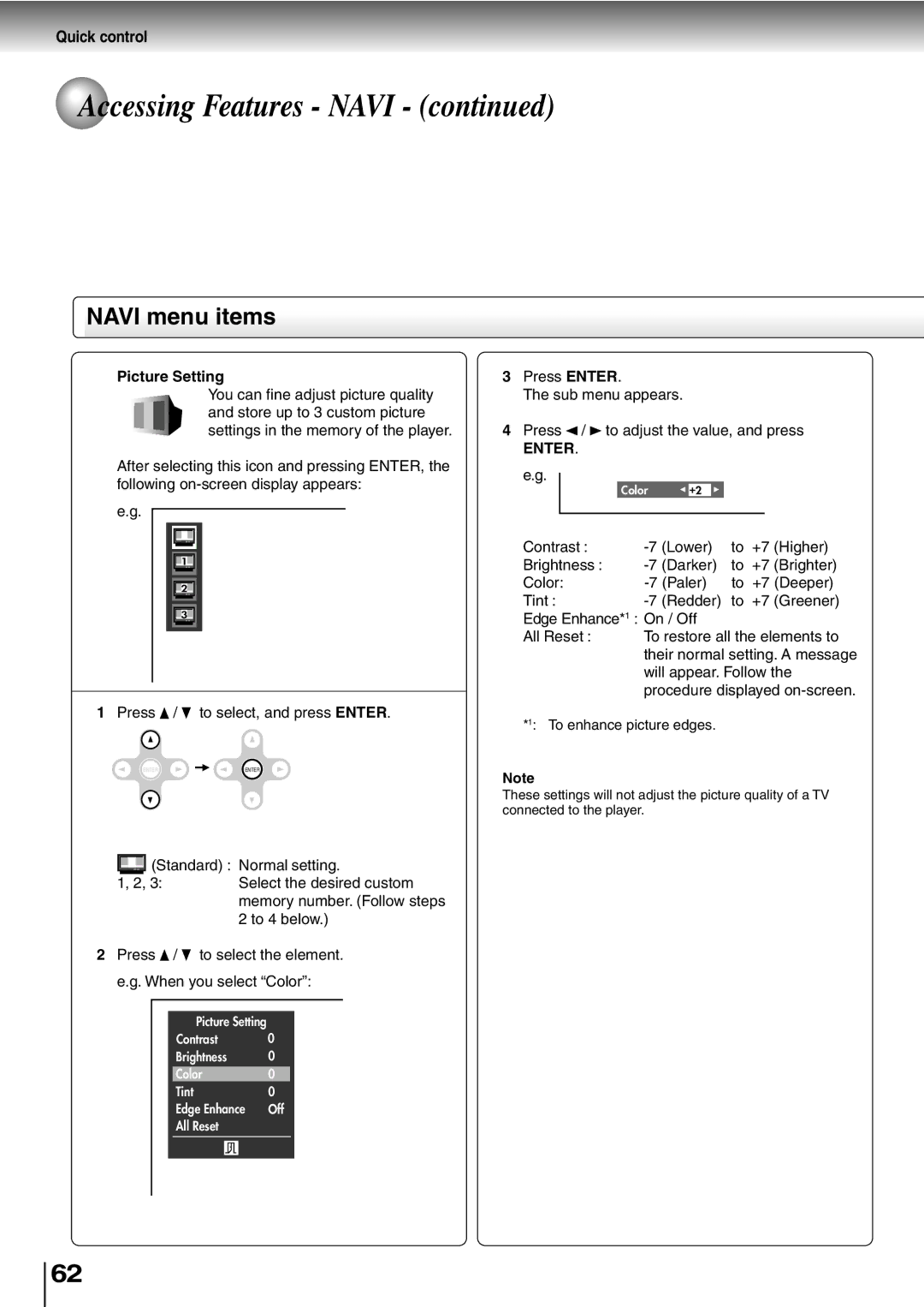 Toshiba SD-P2600 manual Picture Setting 