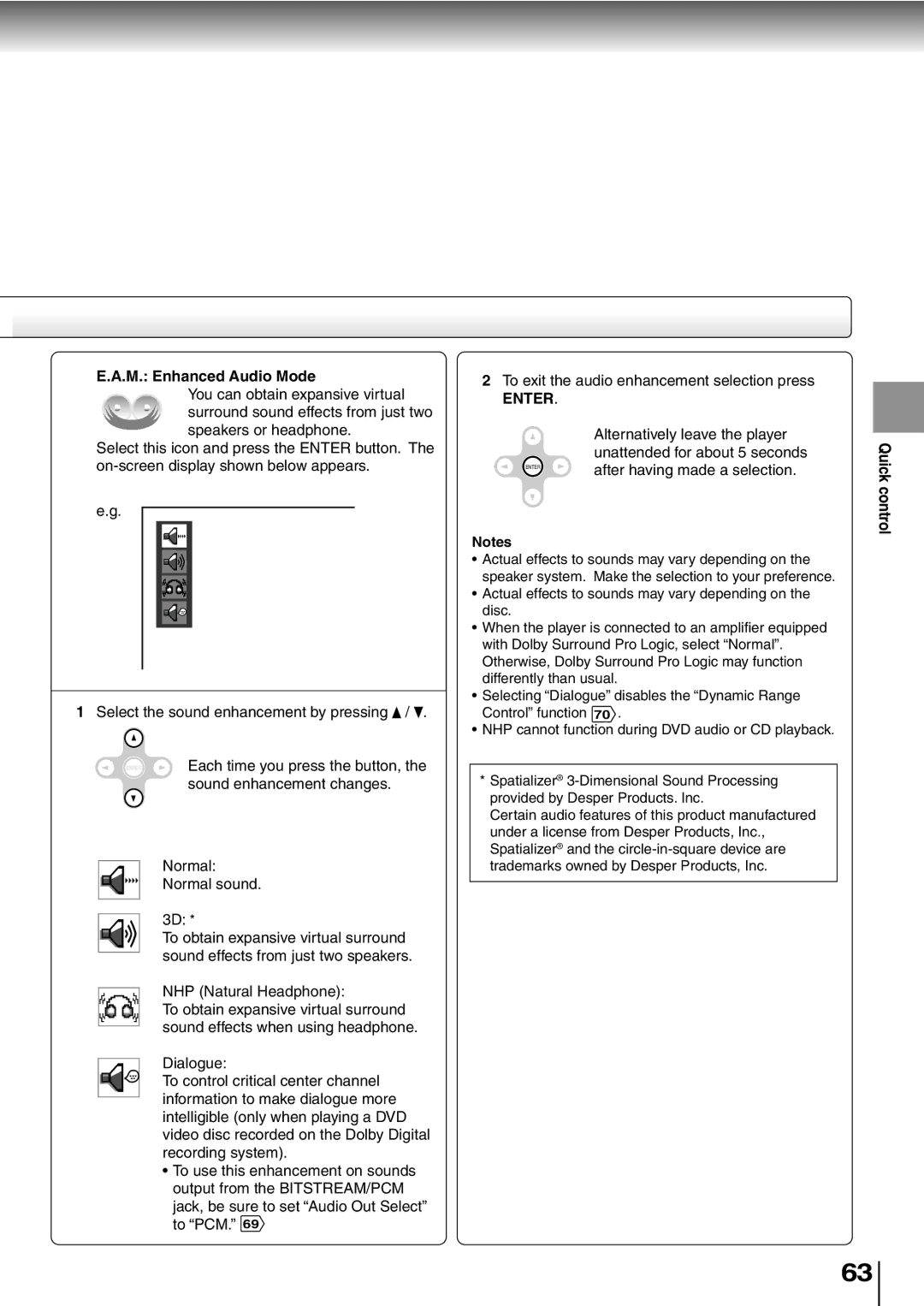 Toshiba SD-P2600 manual M. Enhanced Audio Mode, Alternatively leave the player, Unattended for about 5 seconds 