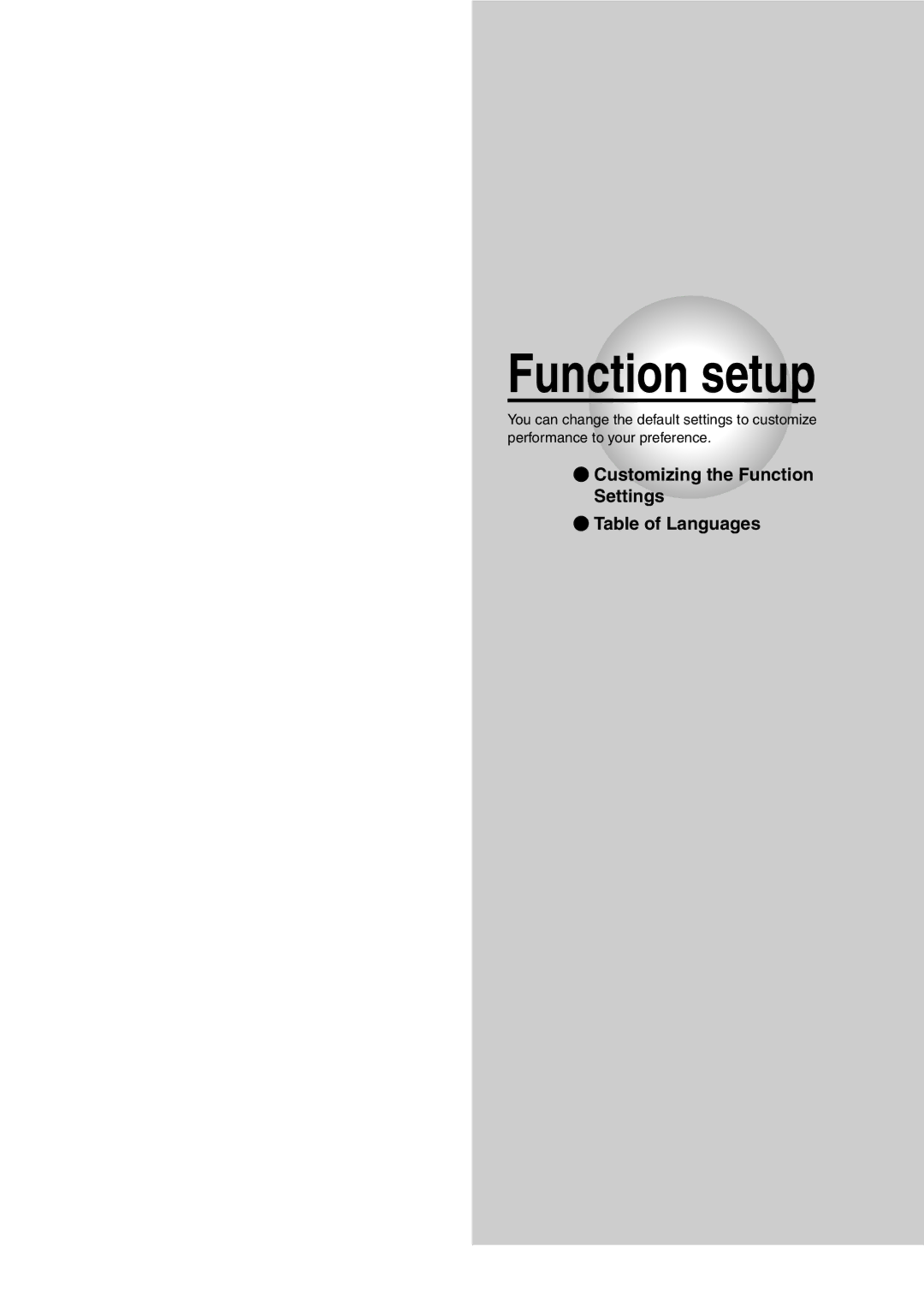 Toshiba SD-P2600 manual Function setup, Customizing the Function Settings Table of Languages 