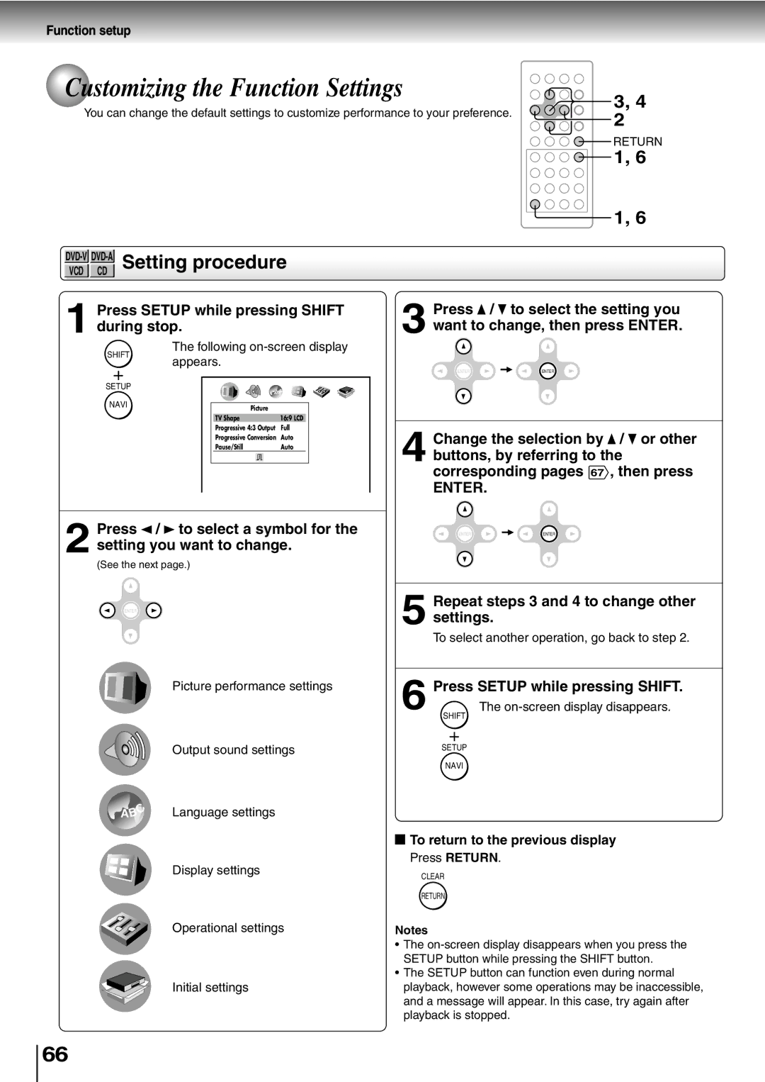 Toshiba SD-P2600 manual Customizing the Function Settings, DVD-VDVD-ASetting procedure, Press Setup while pressing Shift 