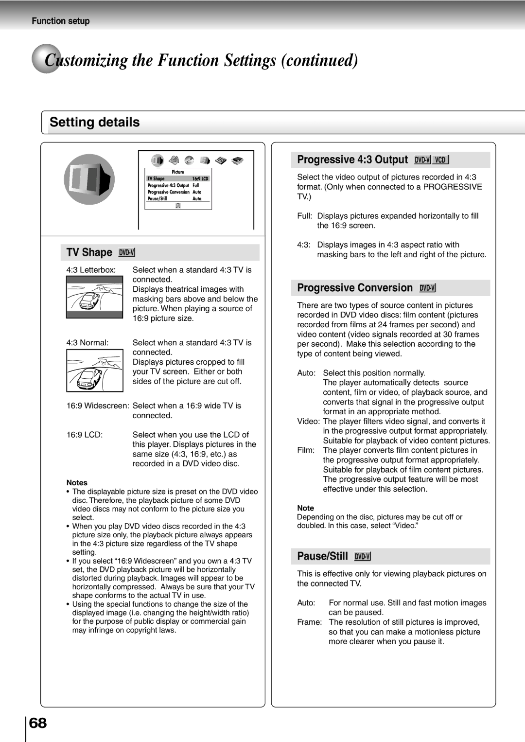 Toshiba SD-P2600 manual Setting details, Picture. When playing a source, Picture size 