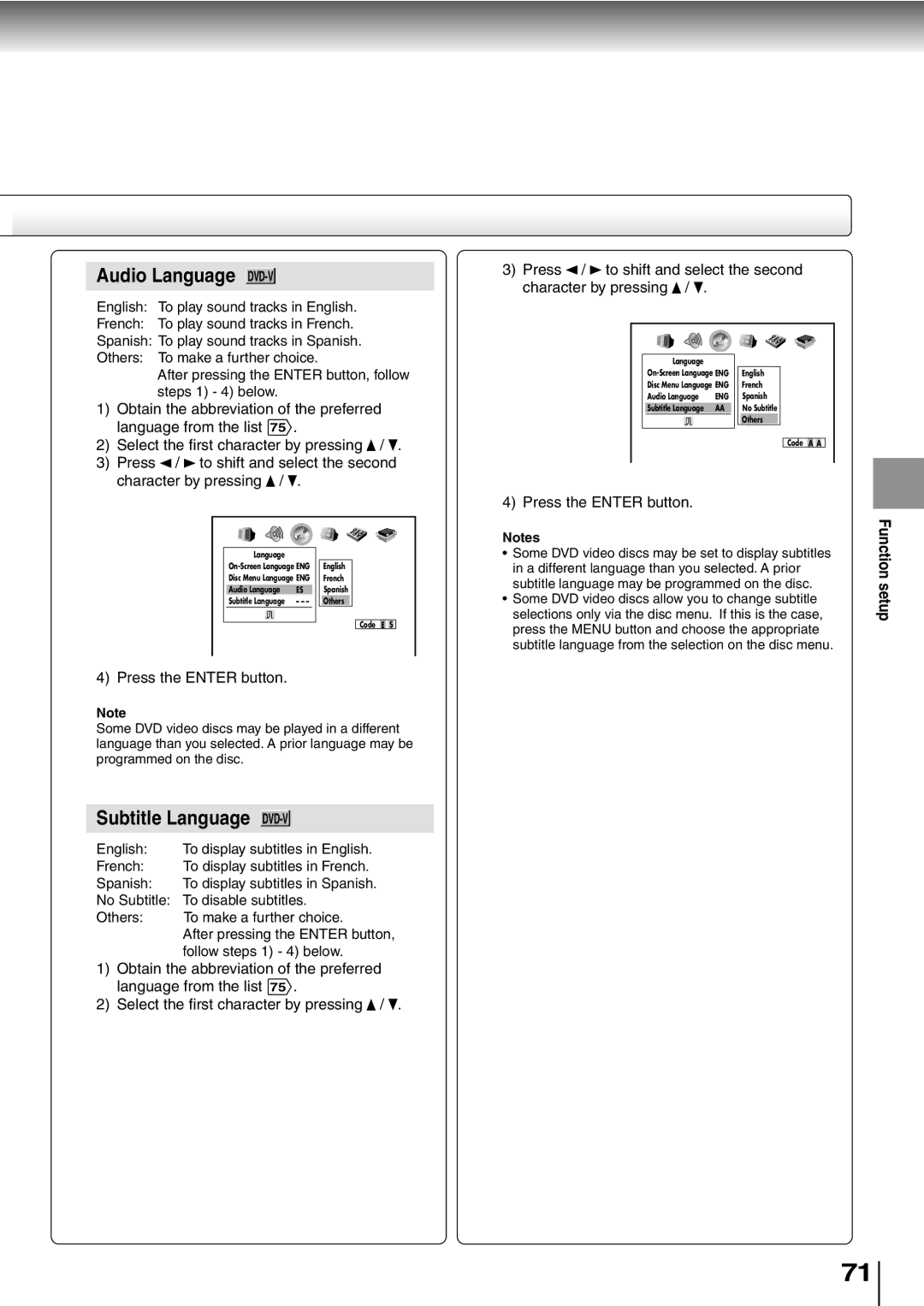 Toshiba SD-P2600 manual Audio Language DVD-V 