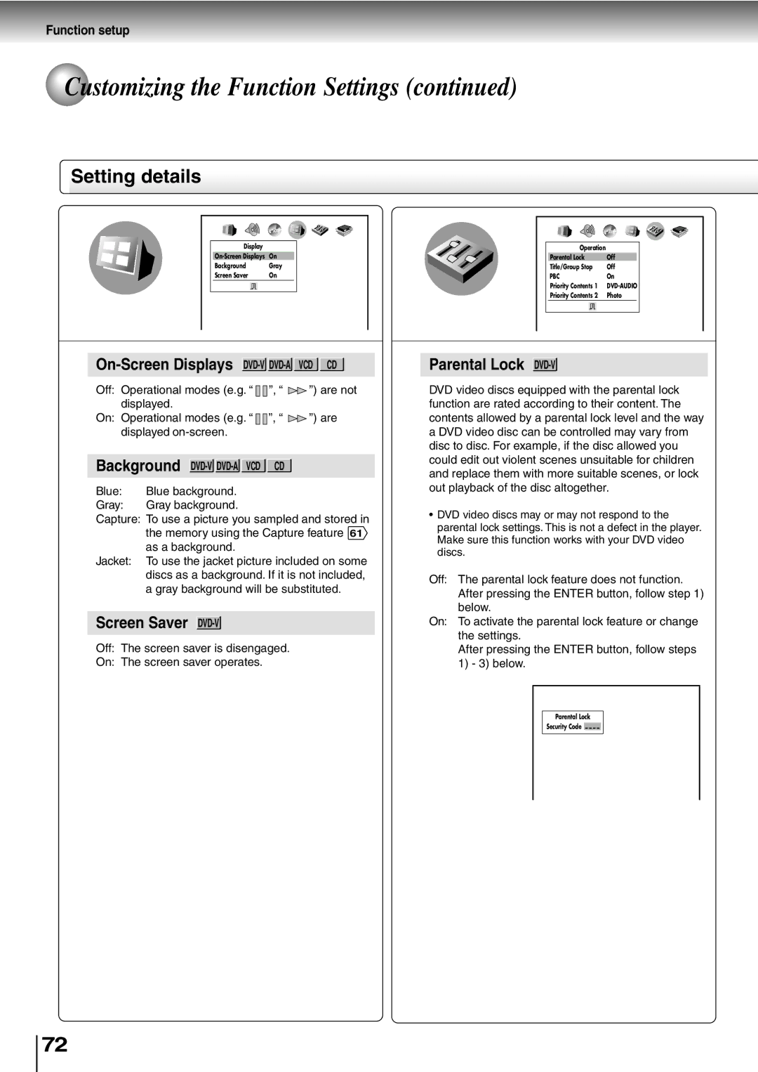 Toshiba SD-P2600 manual On-Screen Displays DVD-VDVD-A VCD CD, Background DVD-V DVD-A VCD CD 