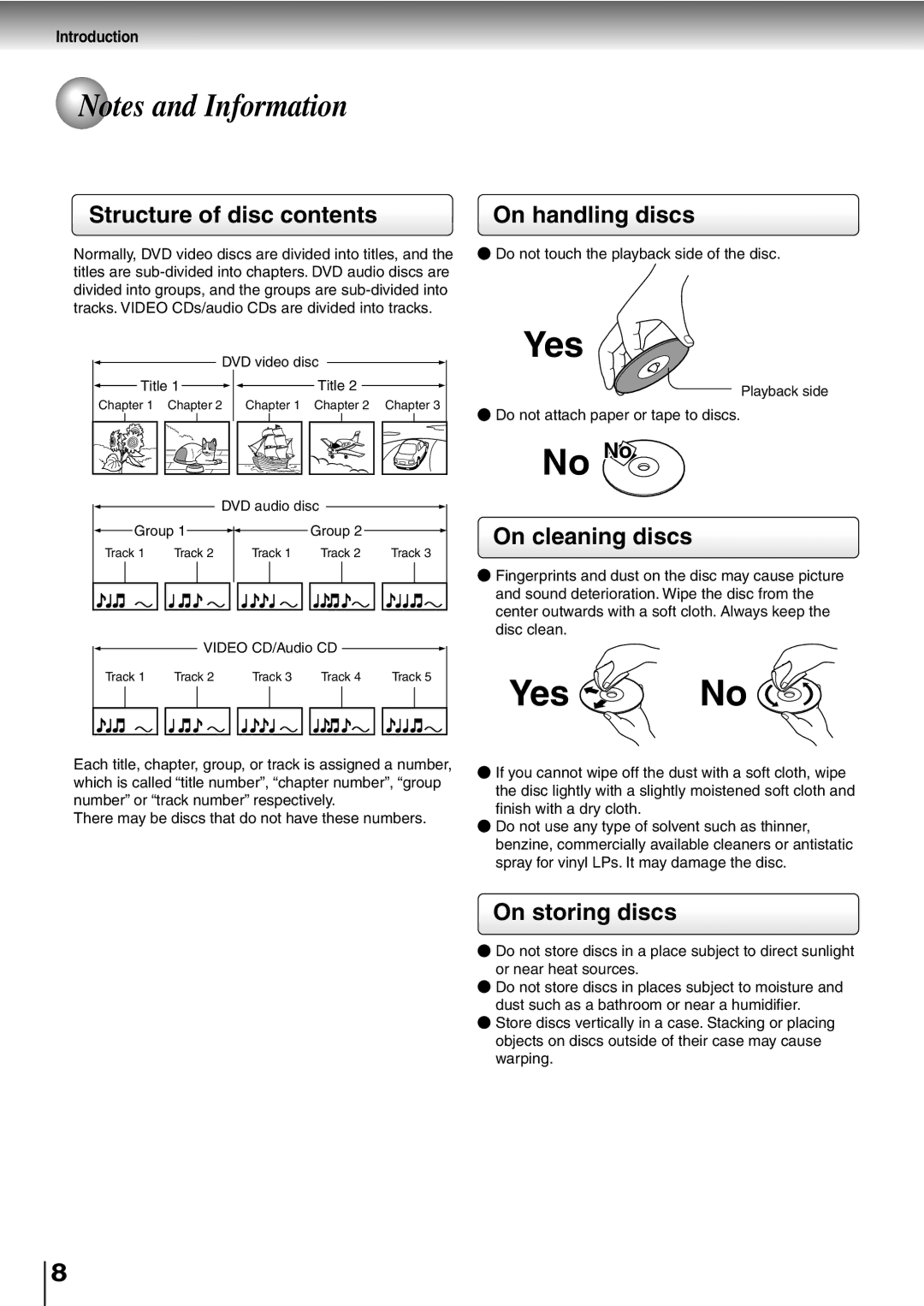 Toshiba SD-P2600 manual Structure of disc contents On handling discs, On cleaning discs, On storing discs 