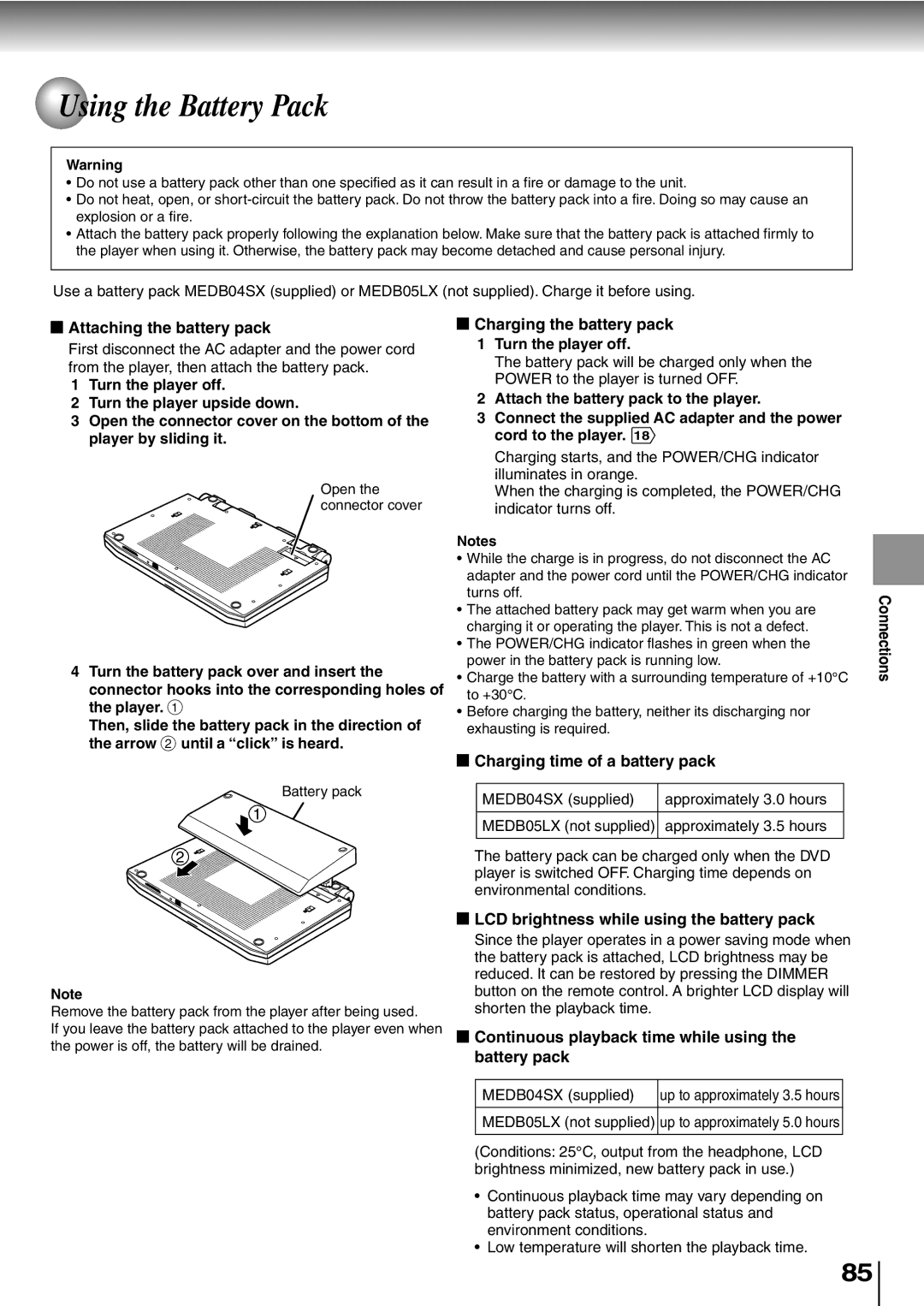 Toshiba SD-P2600 manual Using the Battery Pack 