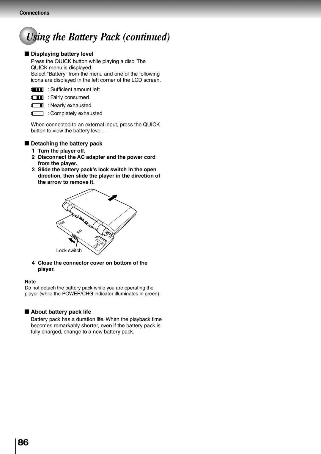 Toshiba SD-P2600 manual Displaying battery level, Detaching the battery pack, About battery pack life, Lock switch 