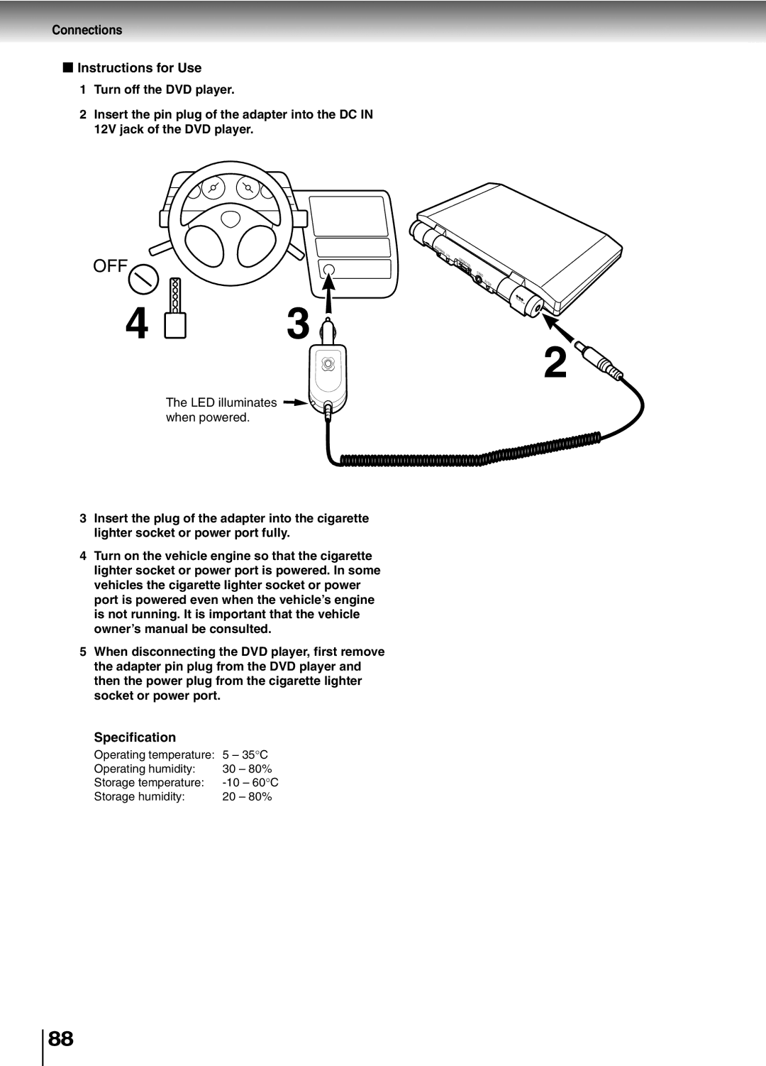 Toshiba SD-P2600 manual Connections Instructions for Use, Specification, LED illuminates when powered 