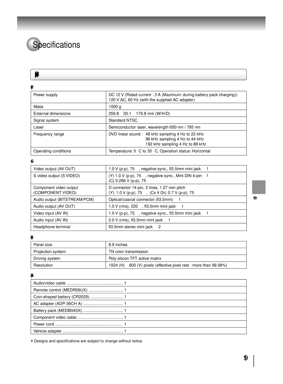 Toshiba SD-P2600 manual Specifications, Player, Connectors, Liquid crystal display, Supplied accessories 