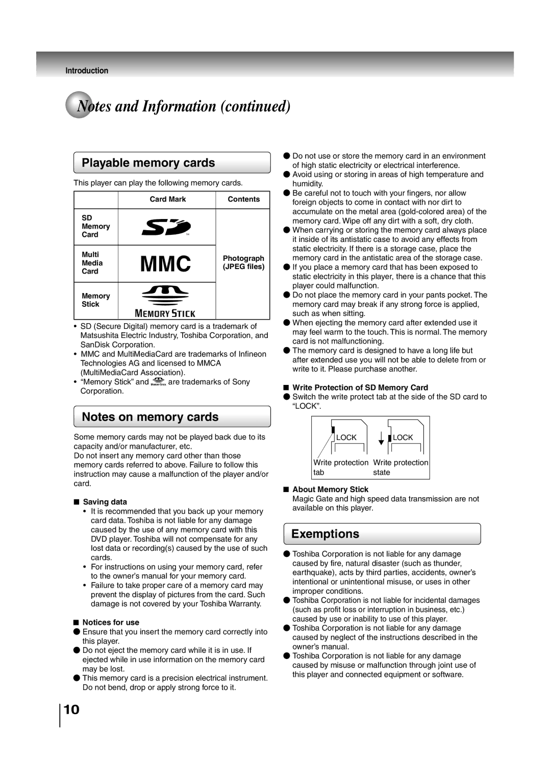 Toshiba SD-P2700 manual Playable memory cards, Exemptions 