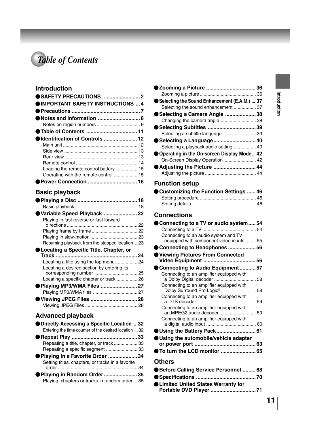 Toshiba SD-P2700 manual Table of Contents 