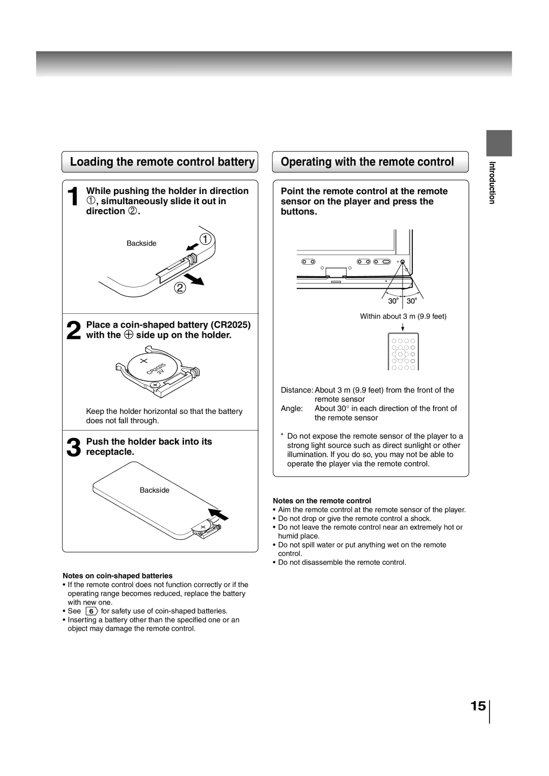 Toshiba SD-P2700 manual Loading the remote control battery, Operating with the remote control 