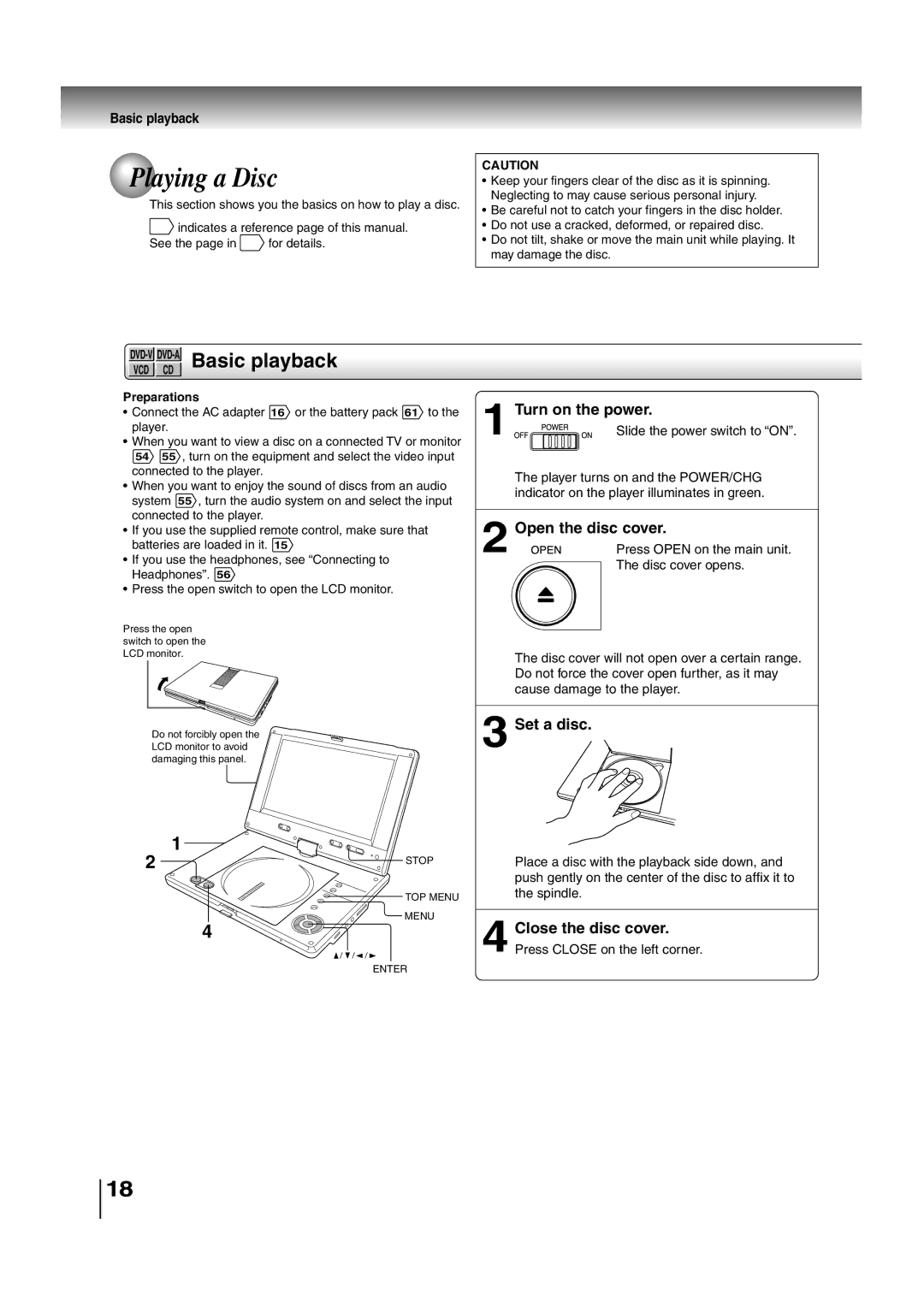 Toshiba SD-P2700 manual Playing a Disc, DVD-VDVD-ABasic playback, Turn on the power, Open the disc cover, Set a disc 