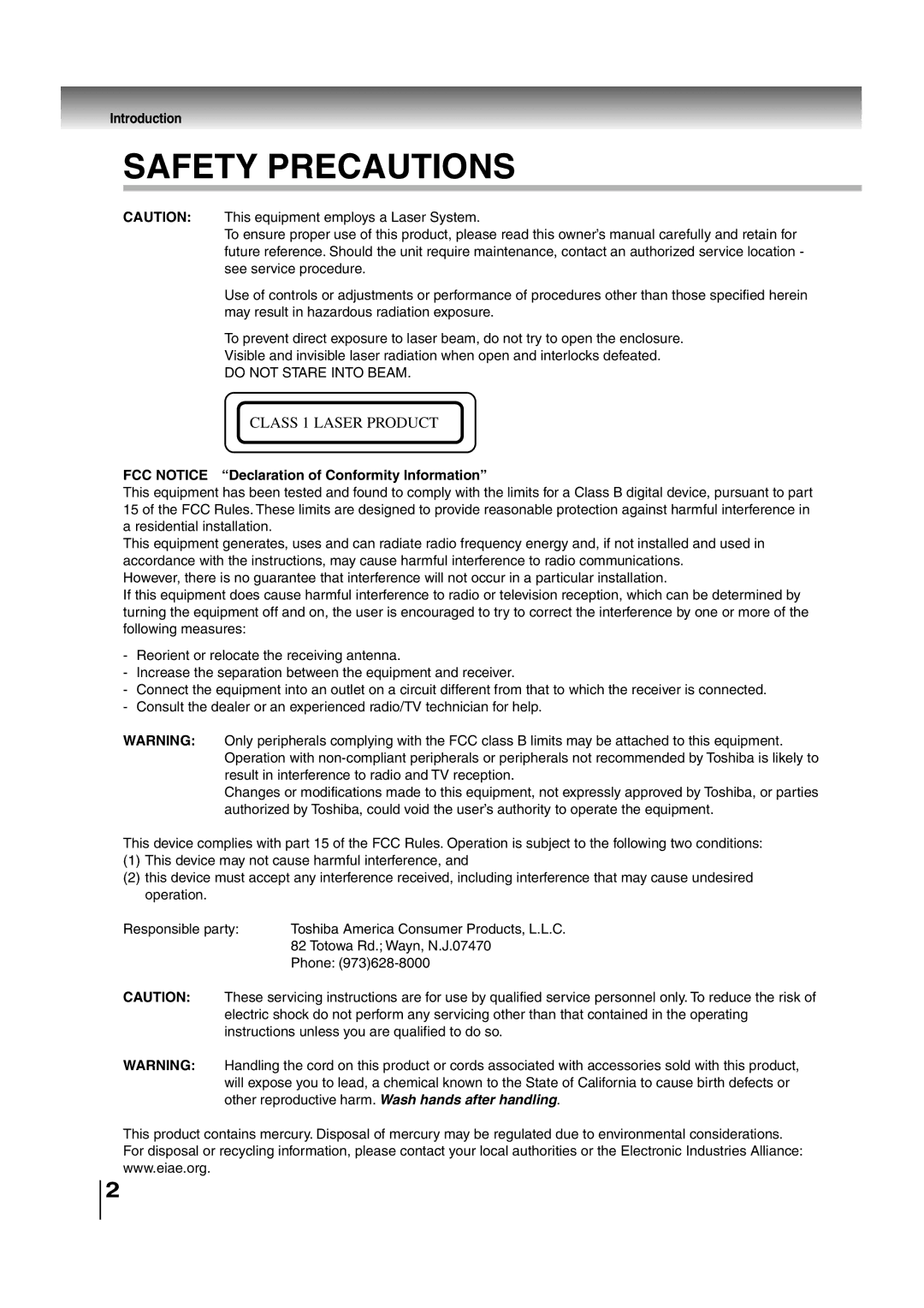 Toshiba SD-P2700 manual Introduction, FCC Notice Declaration of Conformity Information 