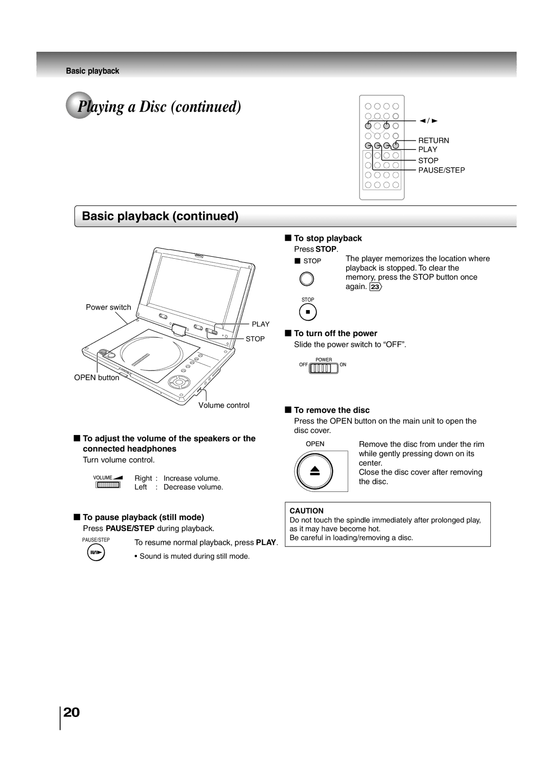 Toshiba SD-P2700 manual Basic playback, To stop playback, To turn off the power, To pause playback still mode 