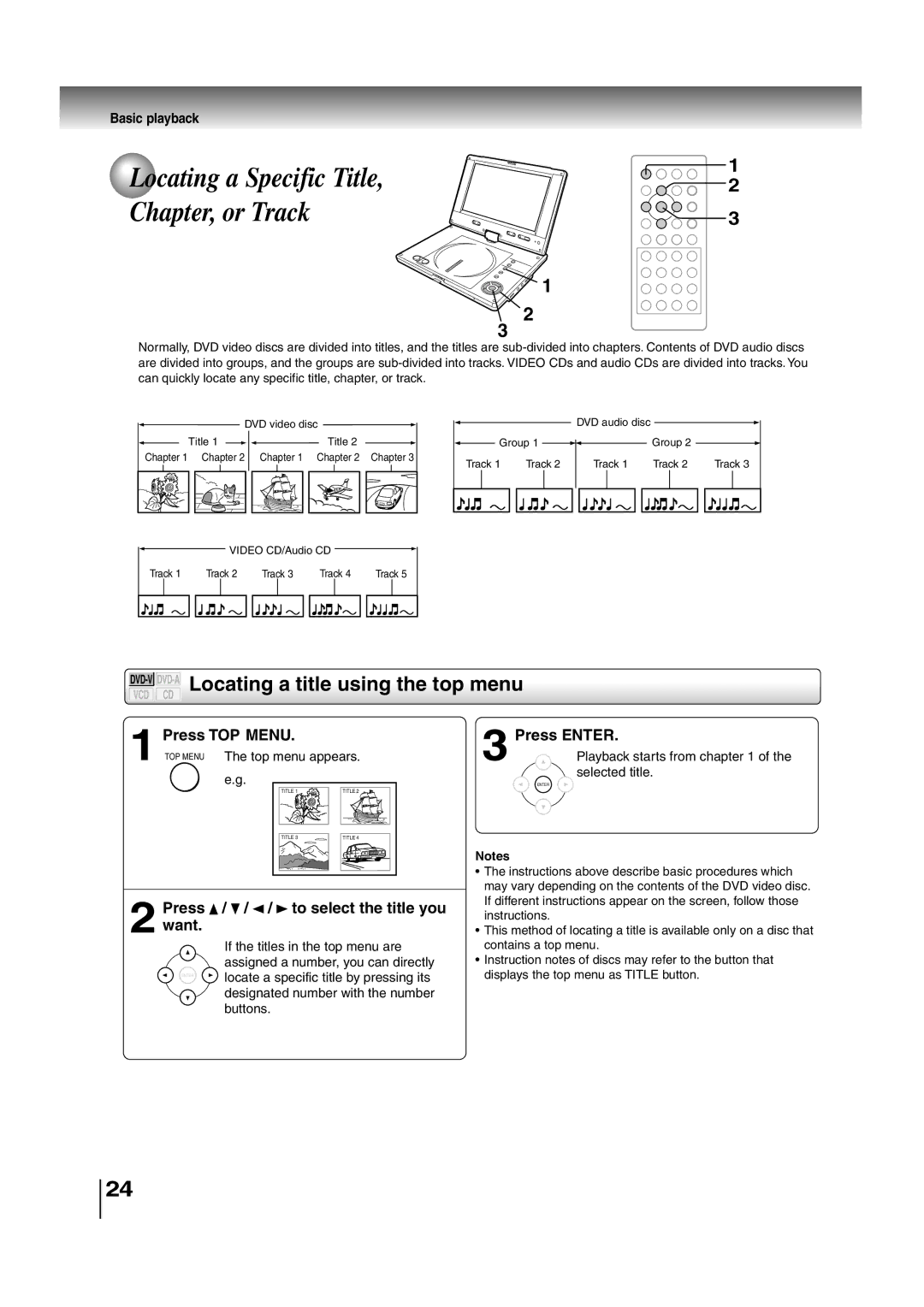 Toshiba SD-P2700 DVD-VDVD-ALocating a title using the top menu, Press TOP Menu, Press / / / to select the title you want 