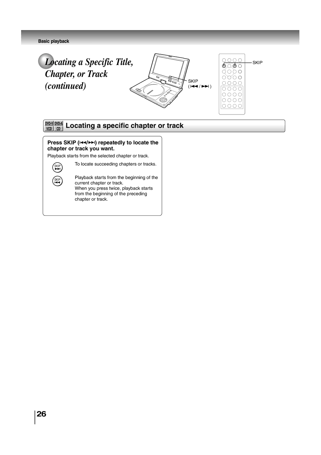 Toshiba SD-P2700 manual Locating a Specific Title, Chapter, or Track, DVD-VDVD-ALocating a specific chapter or track 