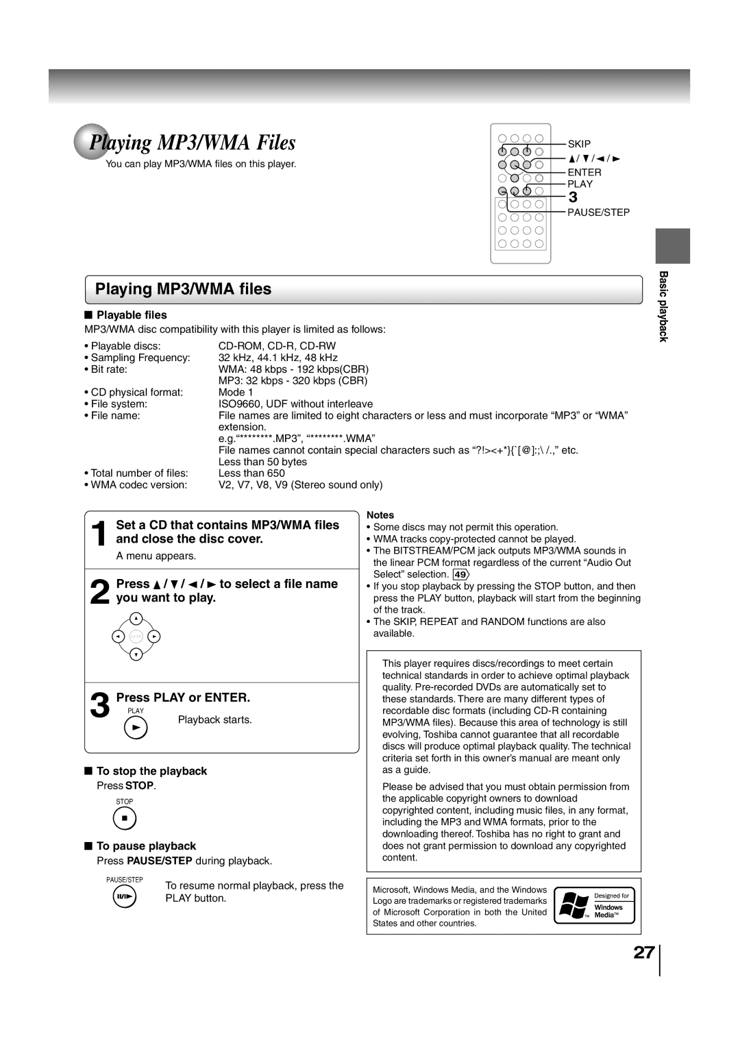 Toshiba SD-P2700 manual Playing MP3/WMA files, Set a CD that contains MP3/WMA files Close the disc cover 