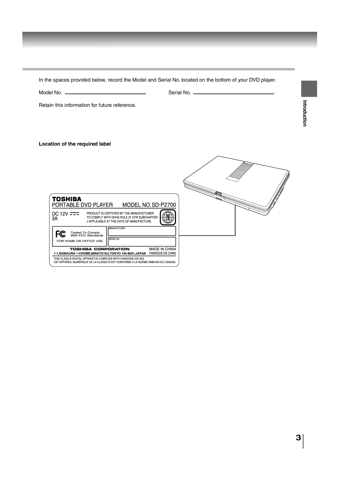 Toshiba SD-P2700 manual Location of the required label, Introduction 