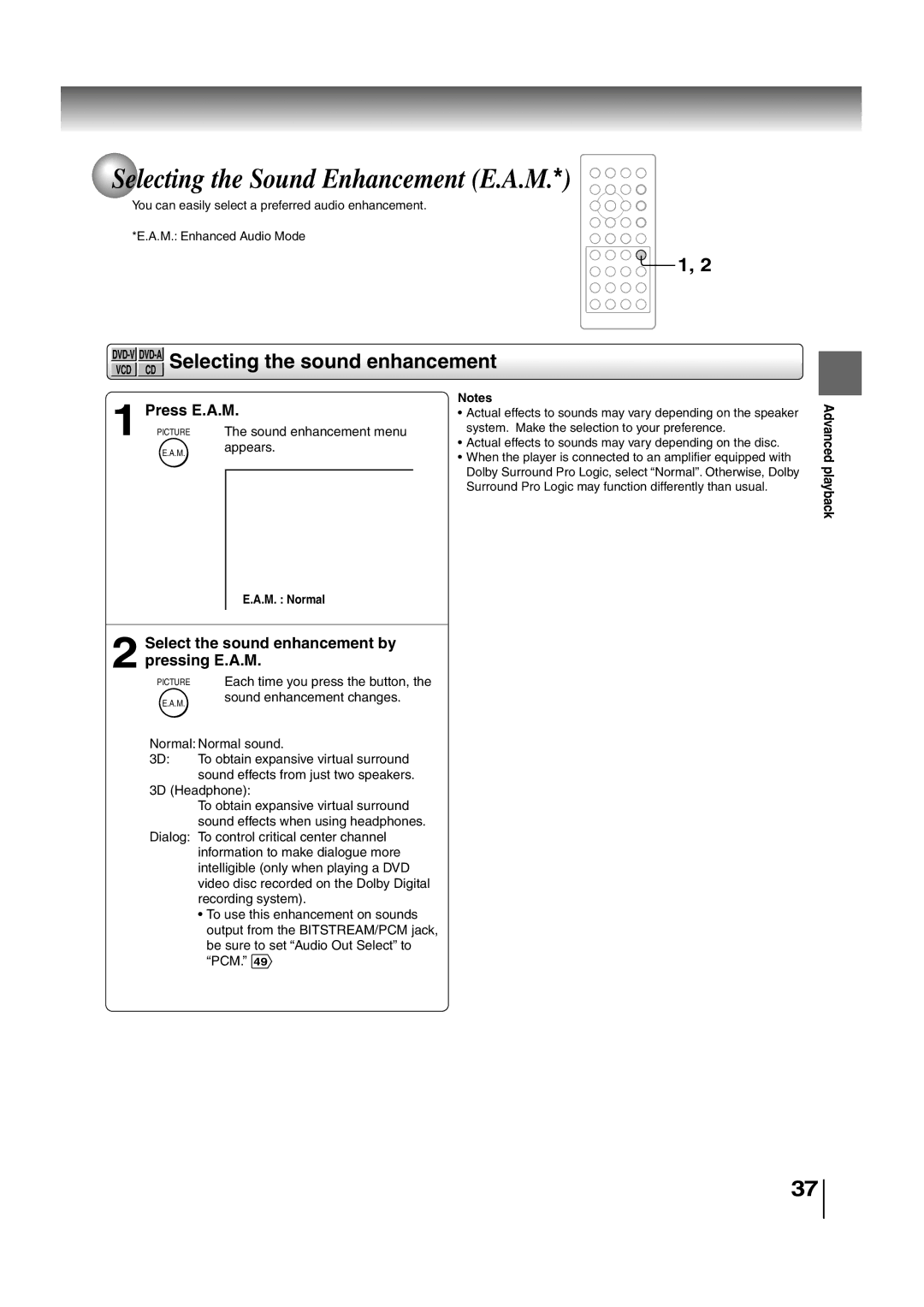 Toshiba SD-P2700 manual Selecting the Sound Enhancement E.A.M, DVD-V DVD-A Selecting the sound enhancement, Press E.A.M 