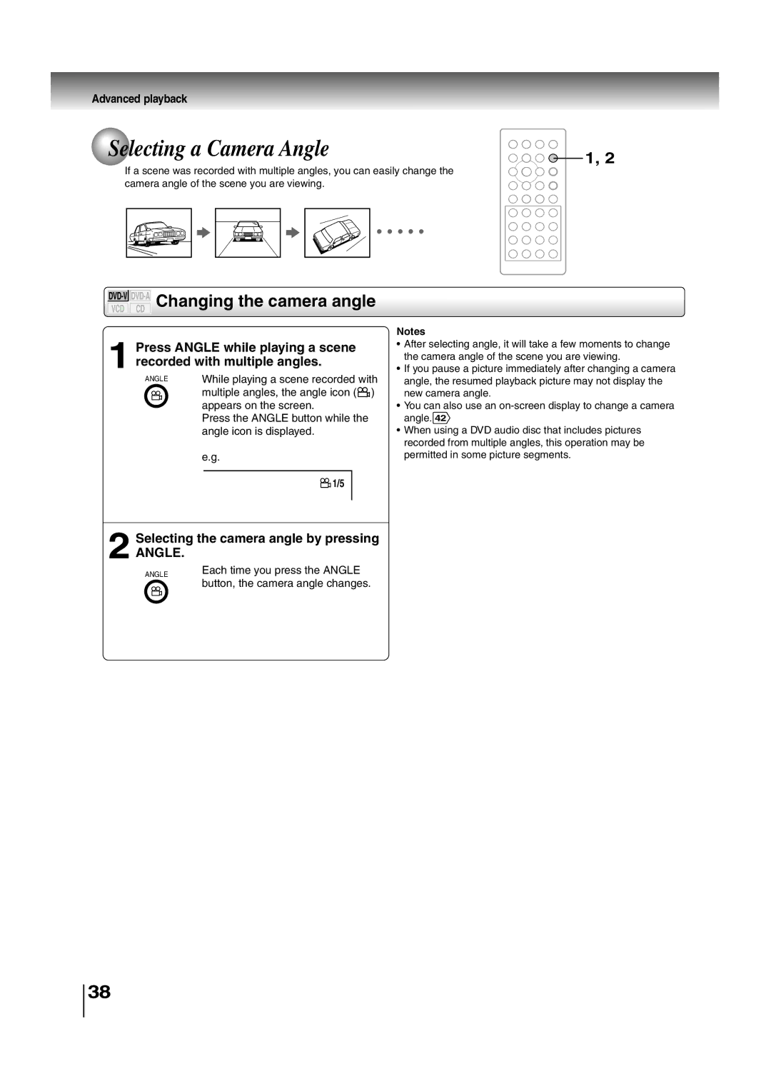 Toshiba SD-P2700 Selecting a Camera Angle, DVD-VDVD-AChanging the camera angle, Selecting the camera angle by pressing 