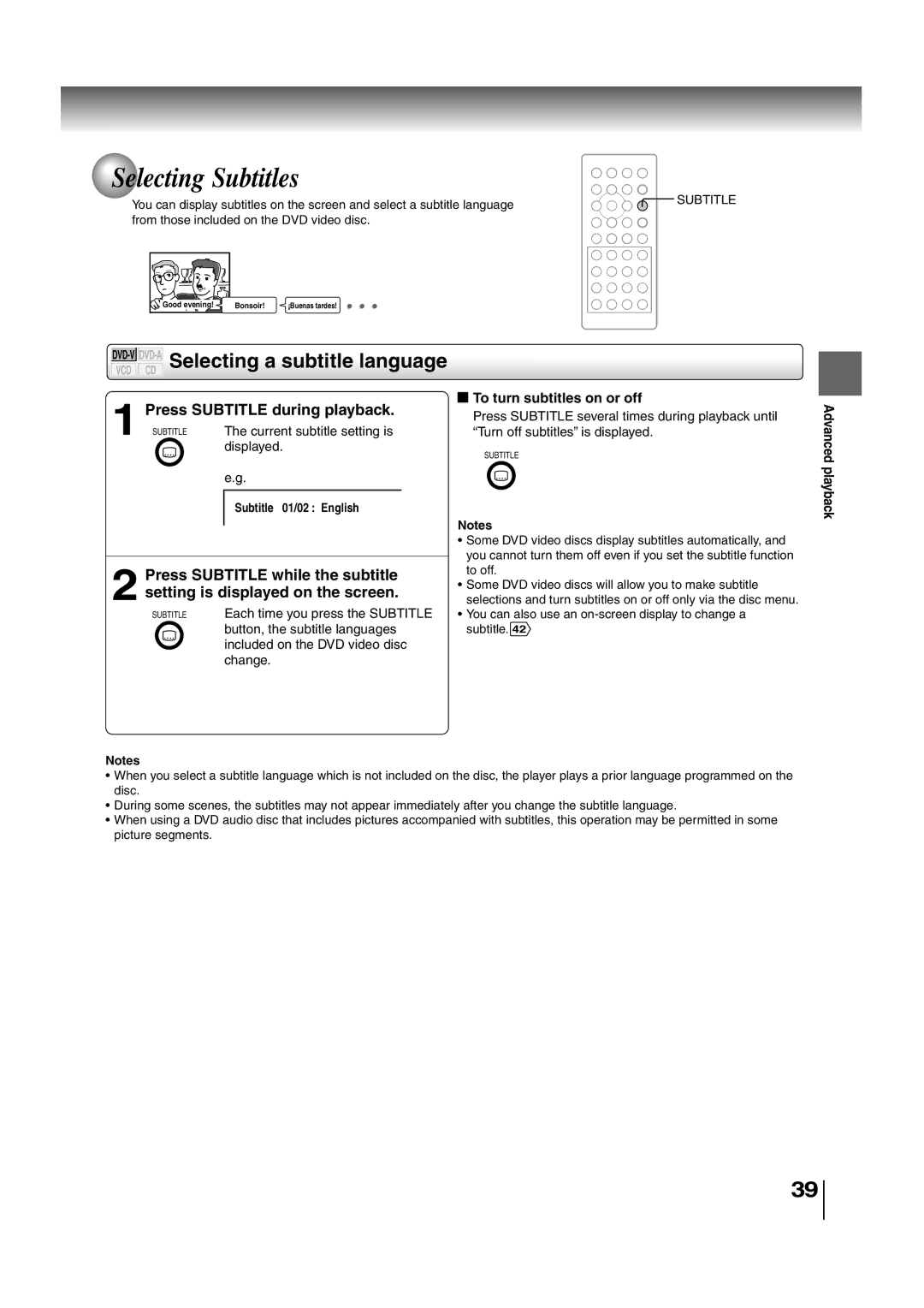 Toshiba SD-P2700 Selecting Subtitles, Press Subtitle during playback, To turn subtitles on or off, Subtitle 01/02 English 