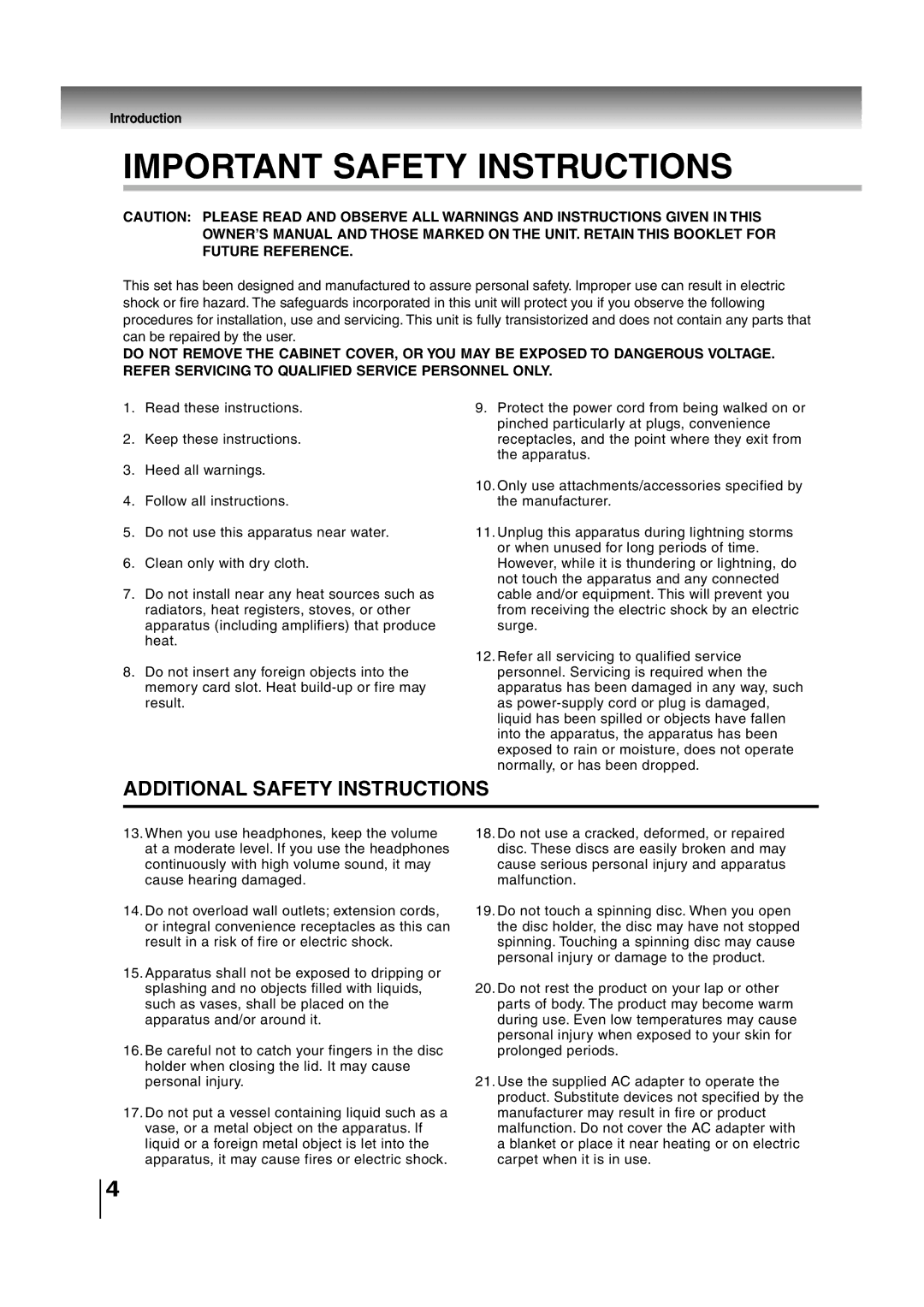 Toshiba SD-P2700 manual Important Safety Instructions 