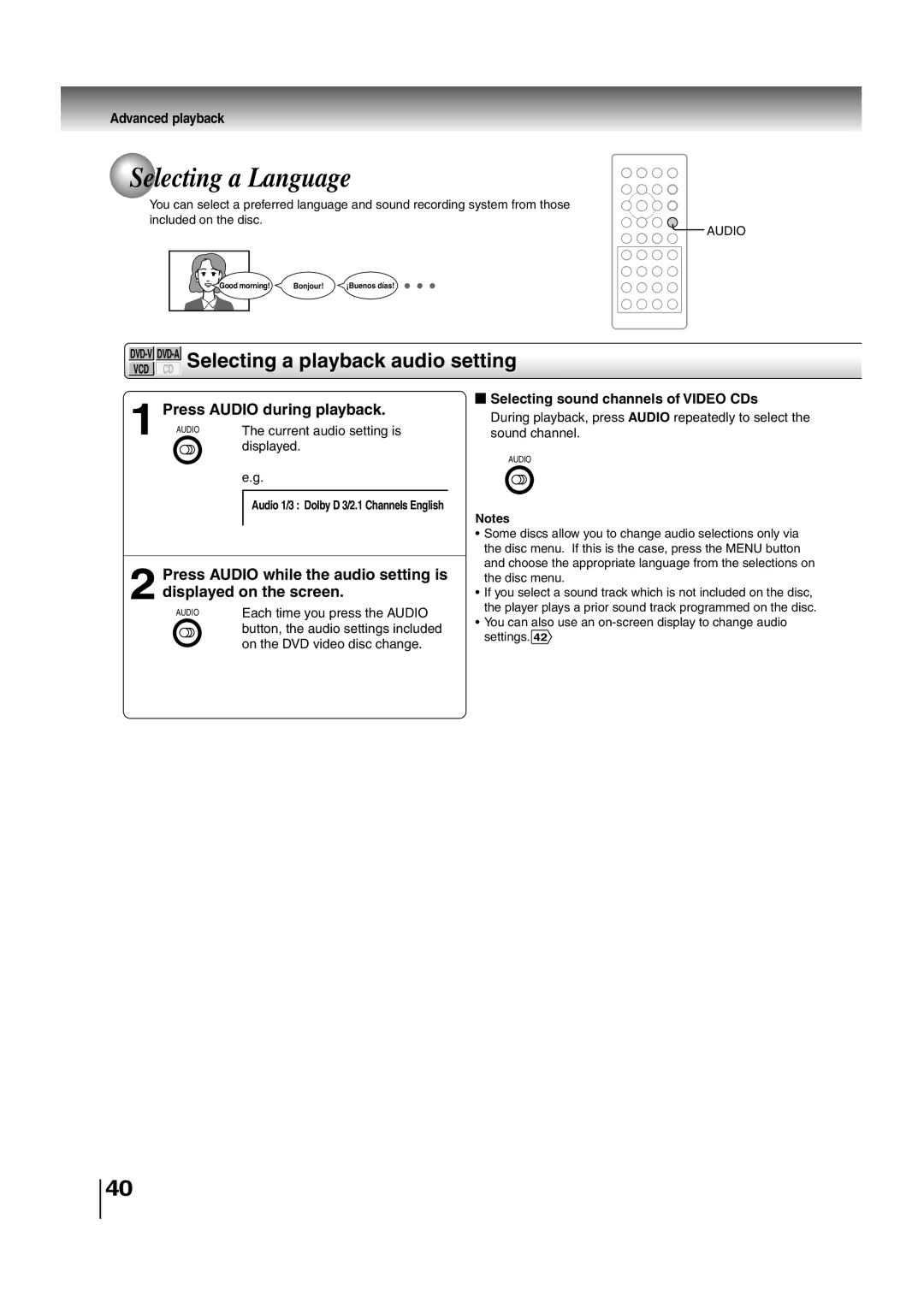 Toshiba SD-P2700 manual Selecting a Language, DVD-VDVD-ASelecting a playback audio setting, Press Audio during playback 