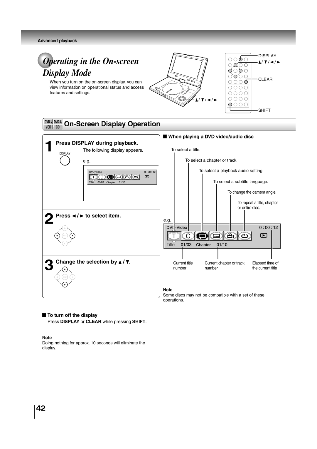 Toshiba SD-P2700 manual Operating in the On-screen Display Mode, Press Display during playback, Press To select item 