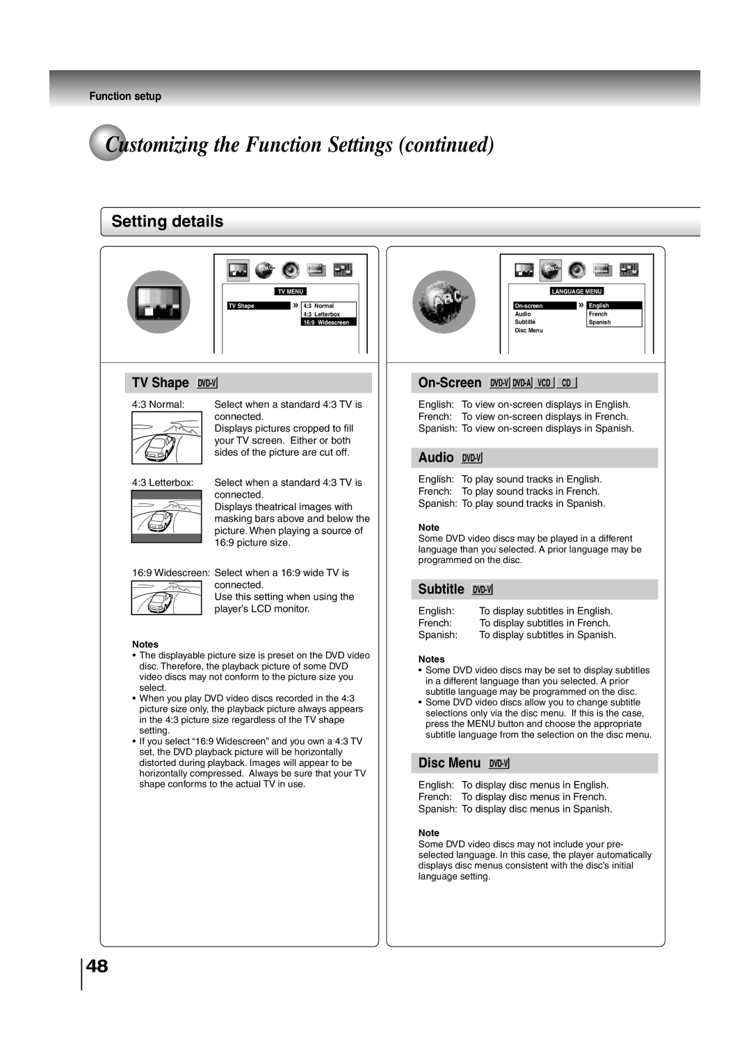 Toshiba SD-P2700 manual Setting details, On-ScreenDVD-V DVD-A VCD CD 