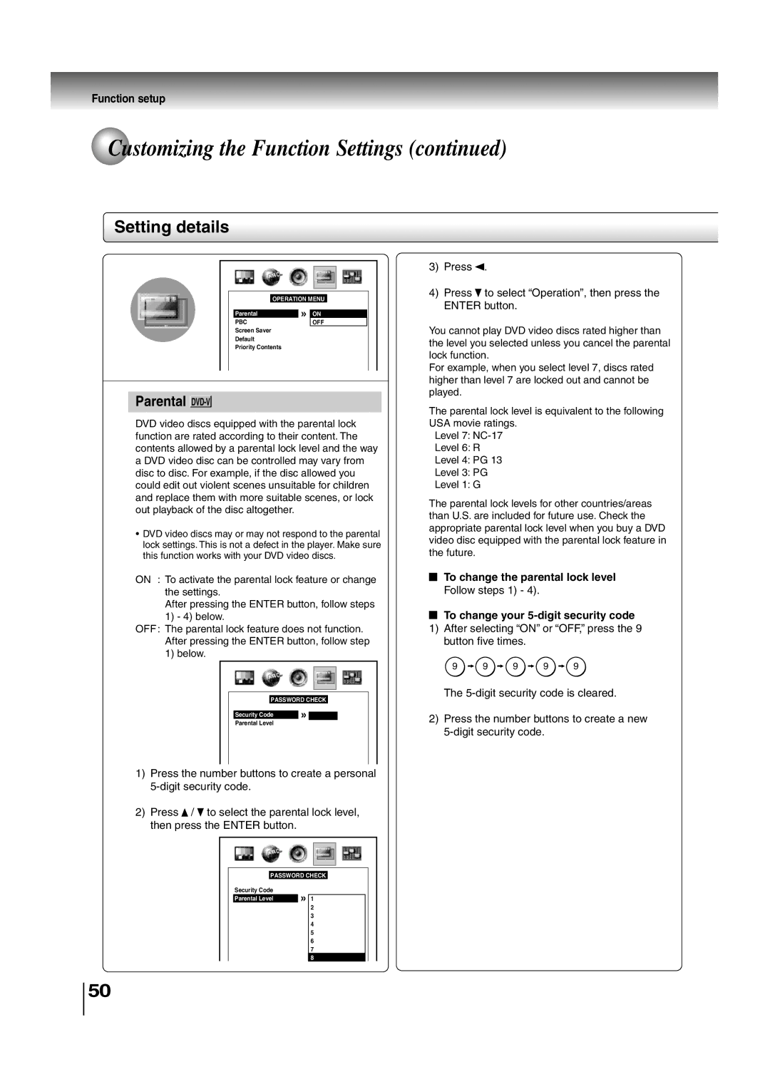 Toshiba SD-P2700 manual To change the parental lock level, To change your 5-digit security code 