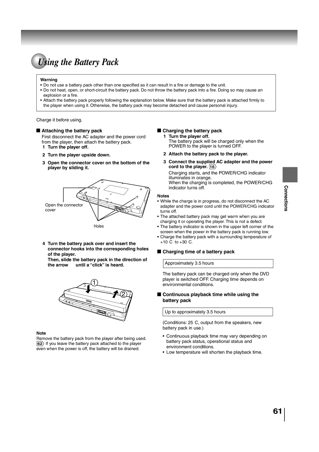 Toshiba SD-P2700 manual Using the Battery Pack, Attaching the battery pack, Charging the battery pack 