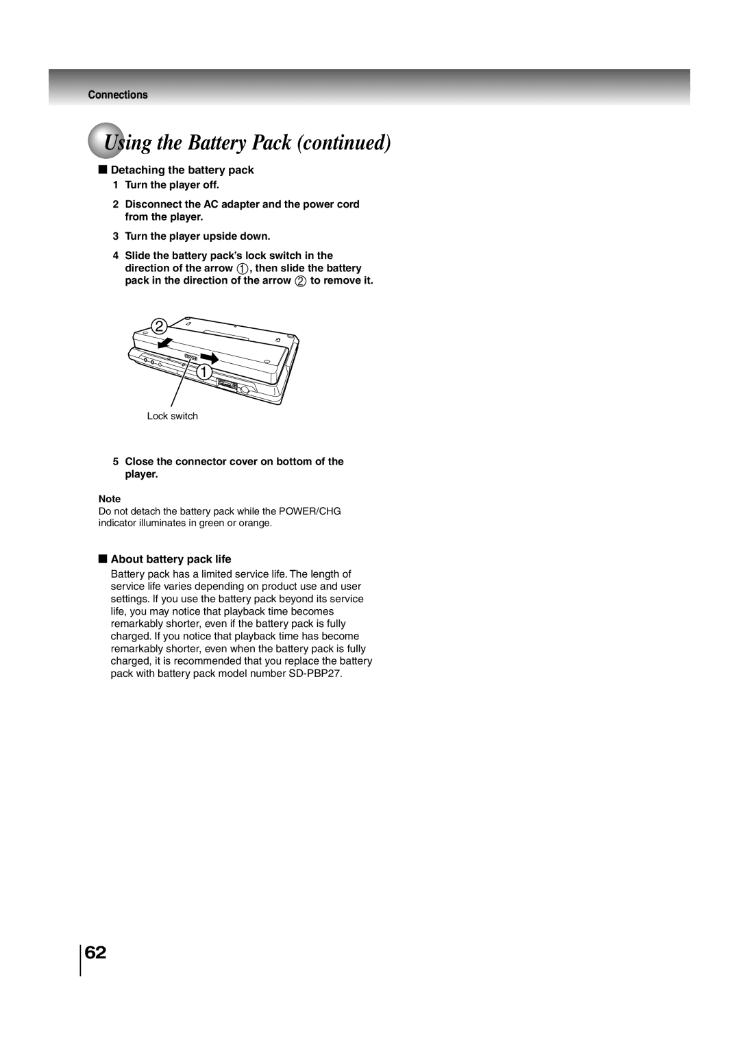 Toshiba SD-P2700 Detaching the battery pack, About battery pack life, Close the connector cover on bottom of the player 