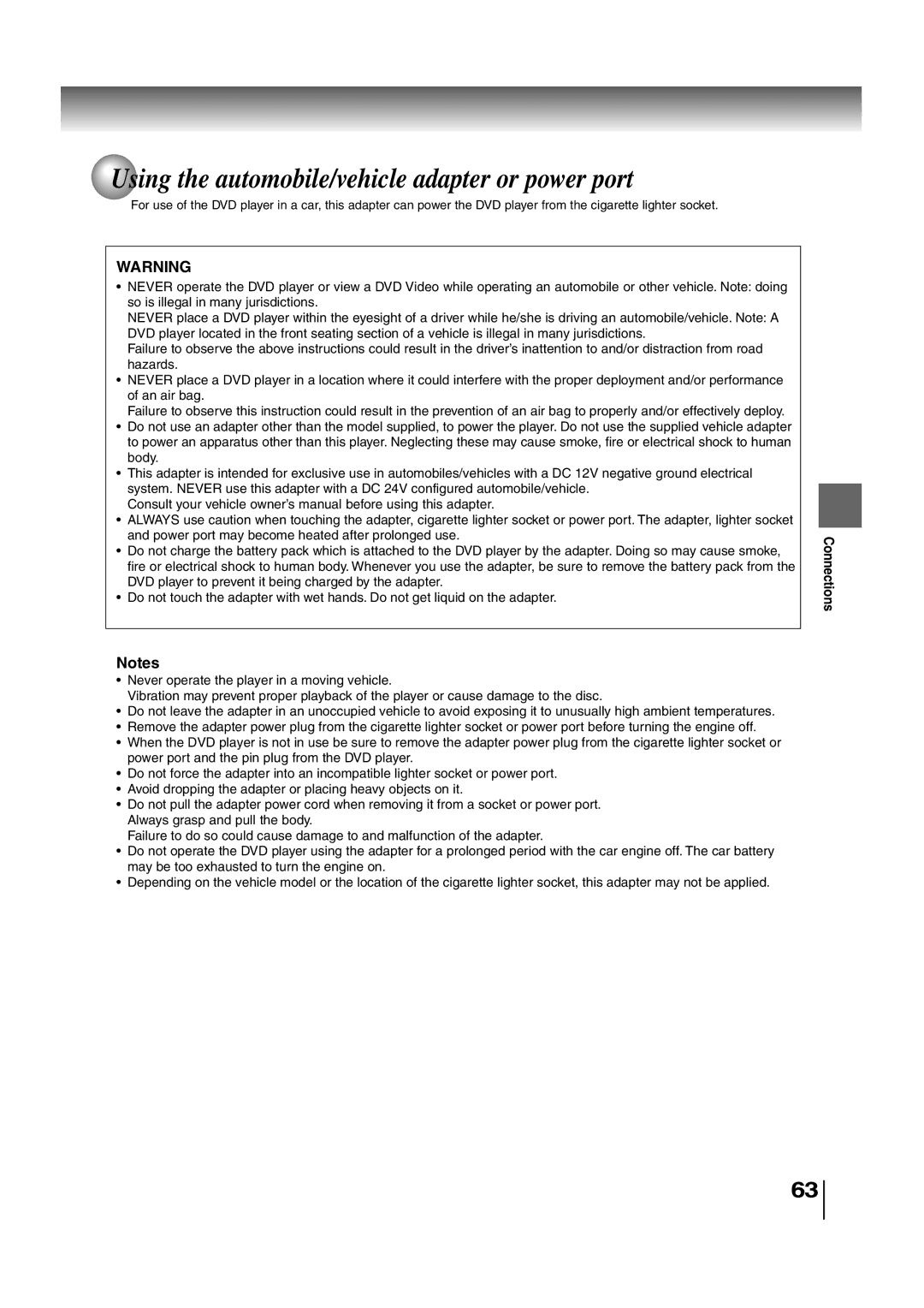 Toshiba SD-P2700 manual Using the automobile/vehicle adapter or power port 