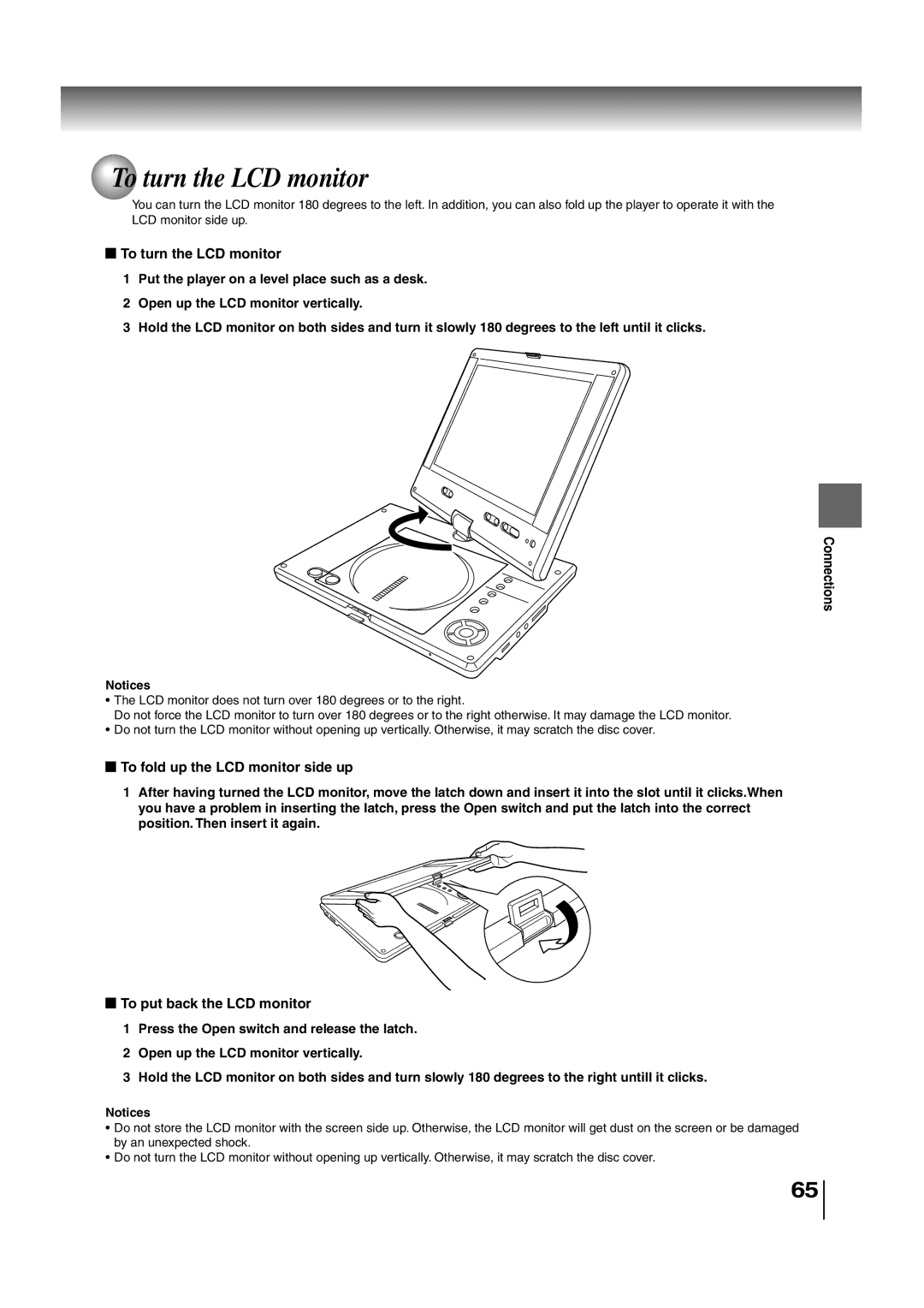 Toshiba SD-P2700 manual To turn the LCD monitor, To fold up the LCD monitor side up, To put back the LCD monitor 