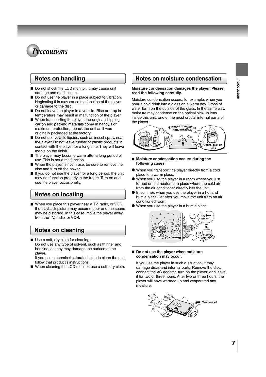 Toshiba SD-P2700 manual Precautions, Wait, Moisture condensation occurs during the following cases 