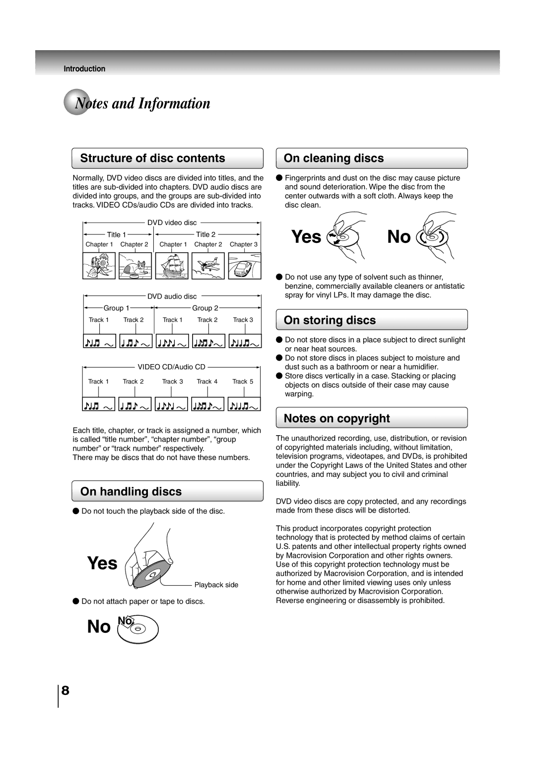 Toshiba SD-P2700 manual Structure of disc contents On cleaning discs, On storing discs, On handling discs 