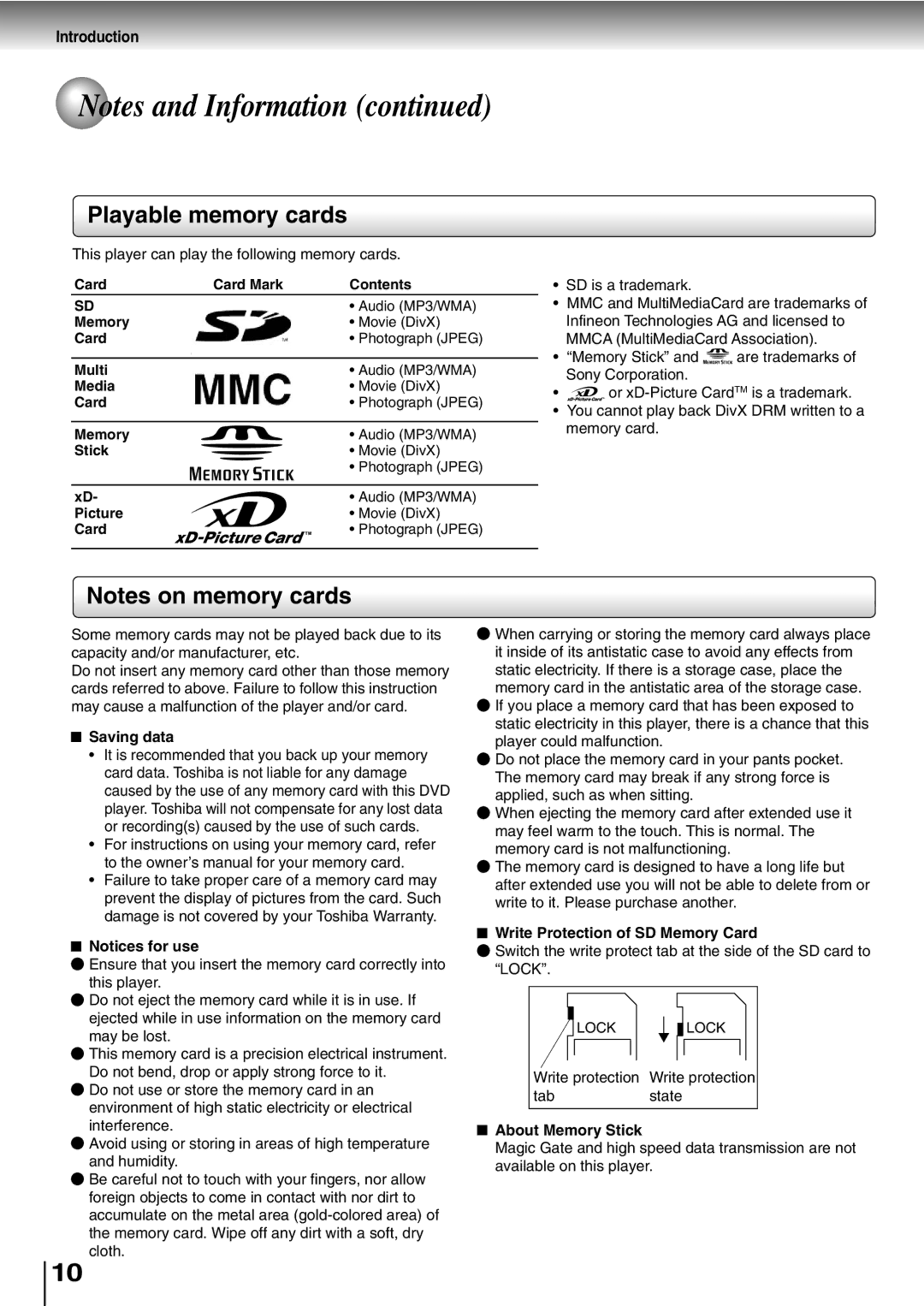 Toshiba SD-P2800SE Playable memory cards, Saving data, Write Protection of SD Memory Card, Lock, About Memory Stick 