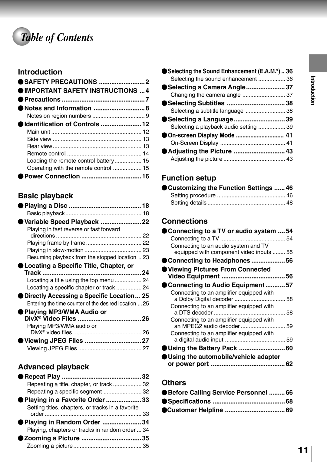 Toshiba SD-P2800SE owner manual Table of Contents 