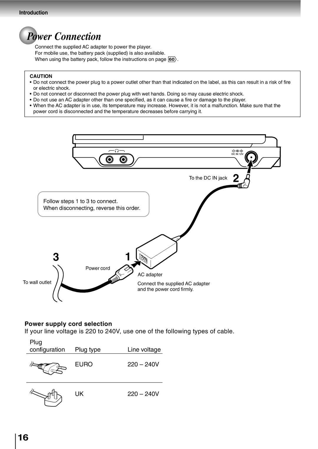 Toshiba SD-P2800SE owner manual Power Connection, Power supply cord selection 