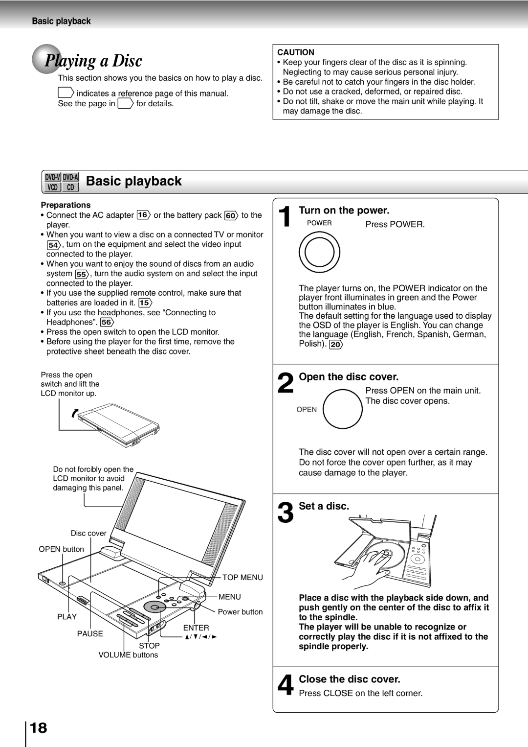 Toshiba SD-P2800SE Playing a Disc, DVD-VDVD-ABasic playback, Turn on the power, Open the disc cover, Set a disc 