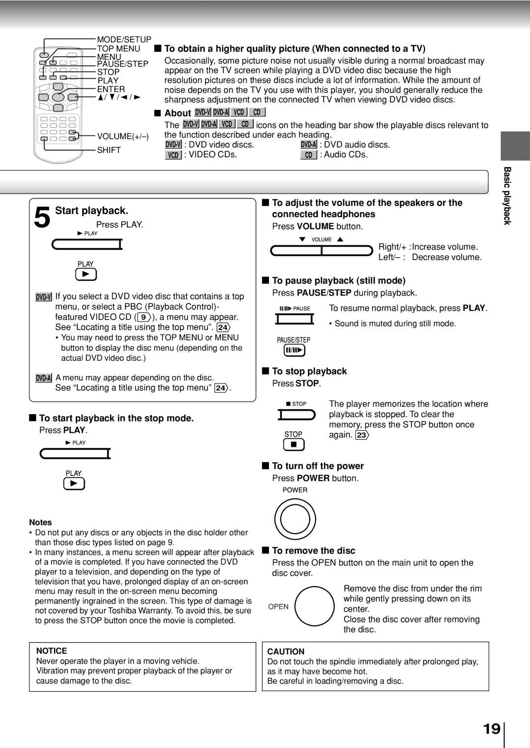 Toshiba SD-P2800SE To obtain a higher quality picture When connected to a TV, To start playback in the stop mode 